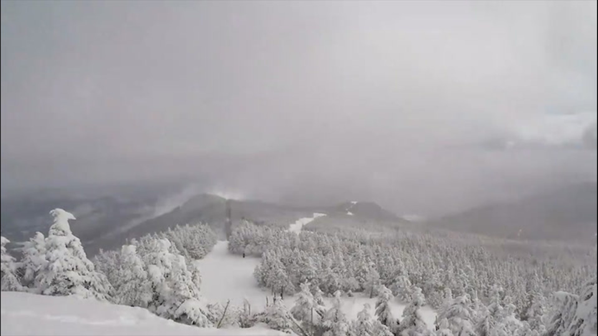 A spectacular view was seen on March 1 at Killington Resort in Vermont. Flurries whisp around above snow-covered trees.