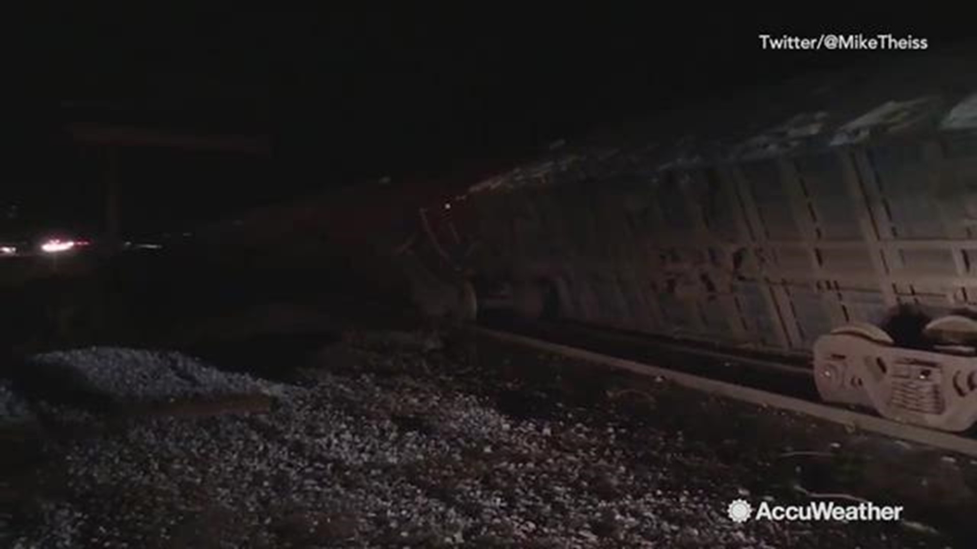 Storm chaser Mike Theiss was in Panama City, Florida on October 10 when he stumbled upon a train and all its cars that had been blown off its tracks during the eyeball of Hurricane Michael.