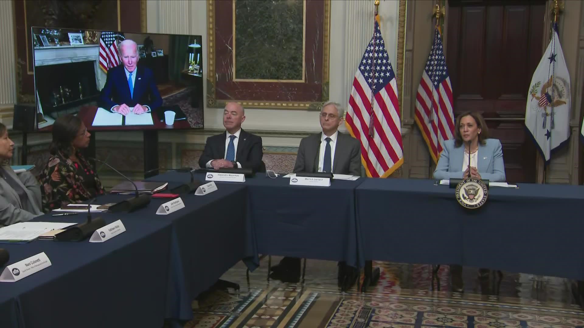 Appearing remotely due to testing positive for COVID, Biden signed an order in part protecting travel for abortion access.