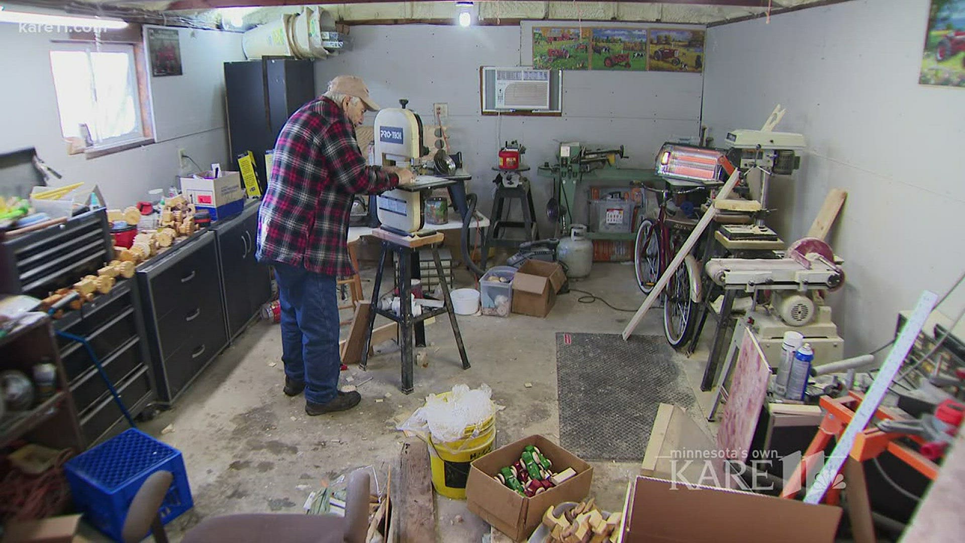 Unable to work on his family farm, John Volz got busy in his garage in town. Nine months later, he's built a thousand wooden toys to give to children. http://kare11.tv/2Bactfl