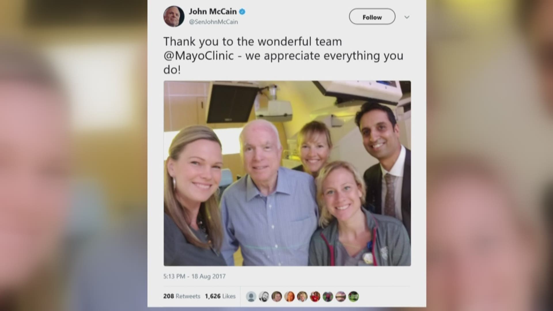 Sen. John McCain completed first round of treatment at the Mayo Clinic in north Phoenix.