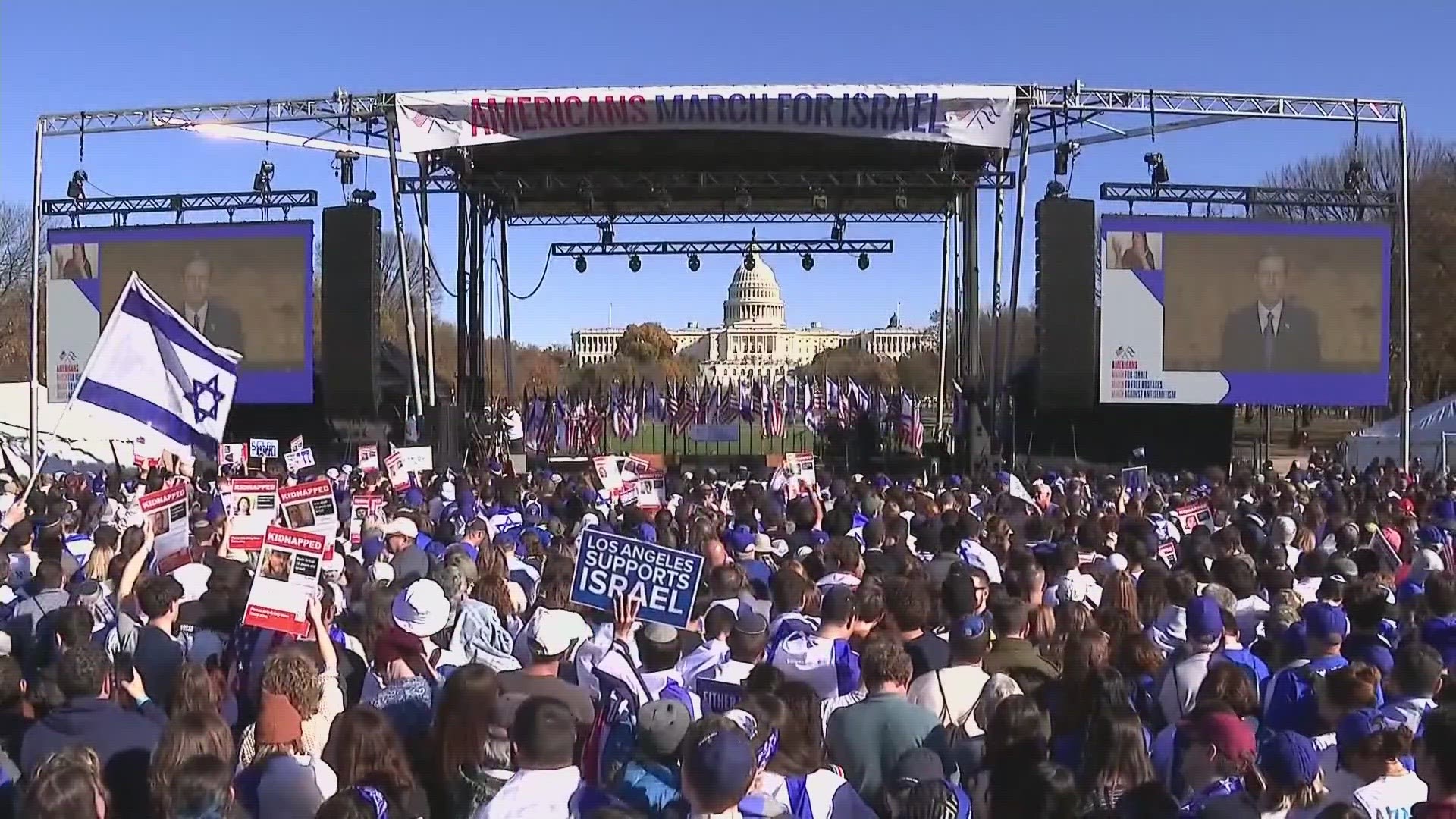 Organizers explain this march also aims to free hostages and it's a march against antisemitism. The rally comes weeks after the Israel-Hamas war started.