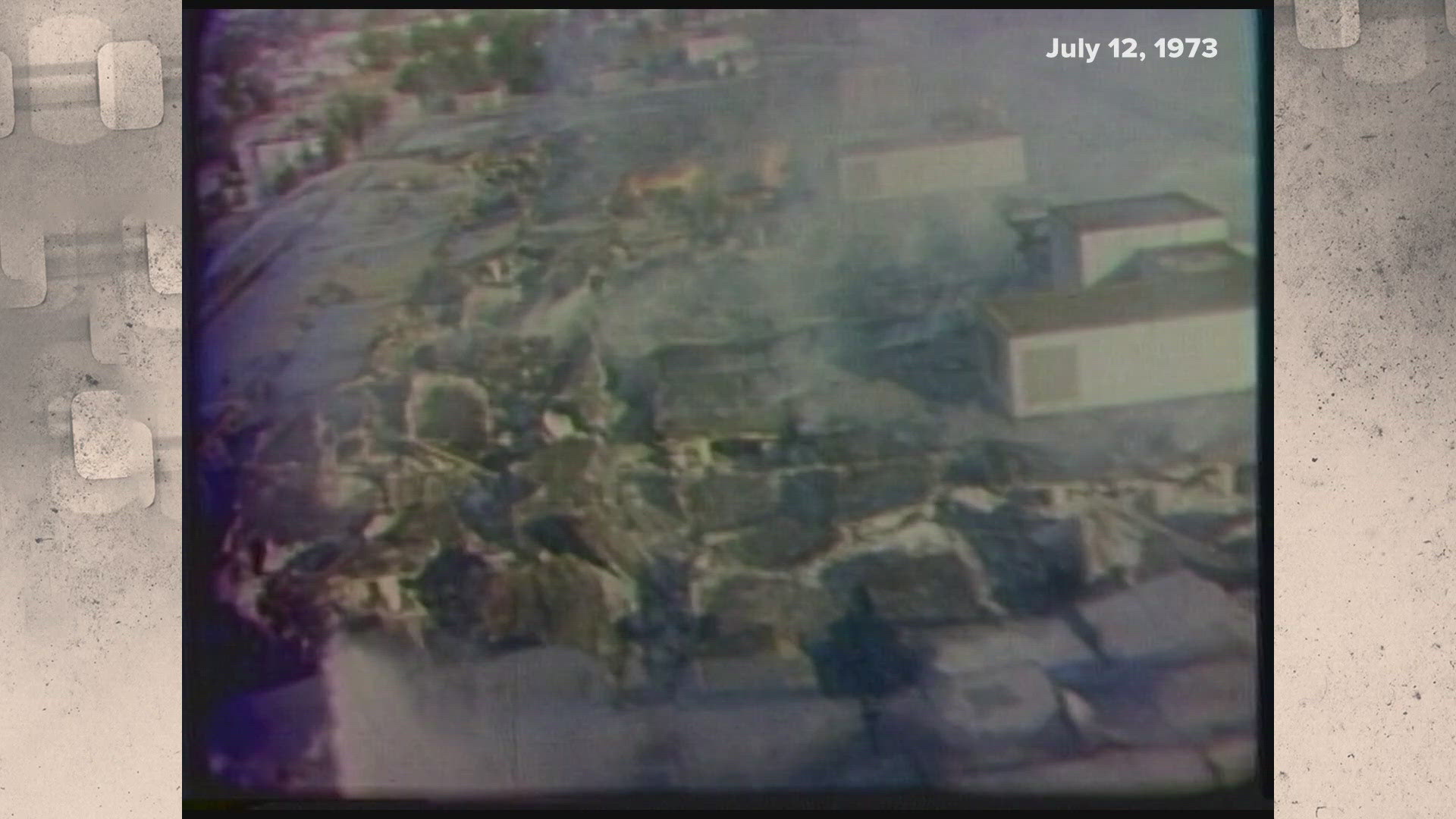 On July 12, 1973, a fire broke out and destroyed records in Overland, Missouri. Video from above the building showed the extent of the damage.