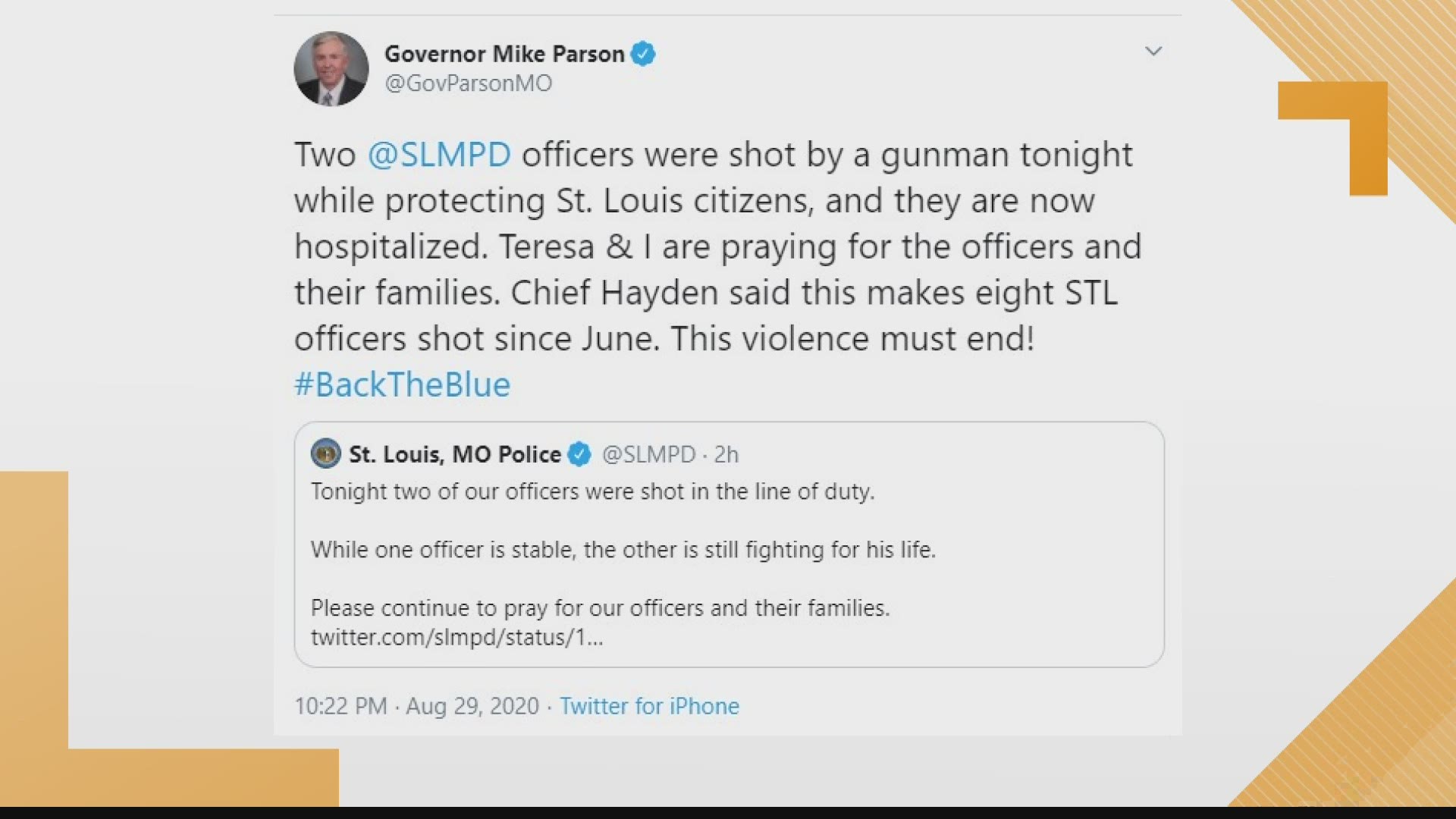 'This violence must end,' Gov. Parson said in part in a tweet