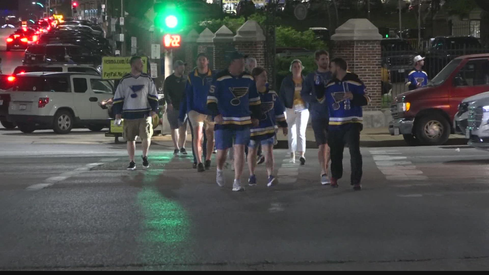 The blues won game 6 against the Minnesota Wild in St. Louis Thursday night, and fans couldn't wait to celebrate the victory.