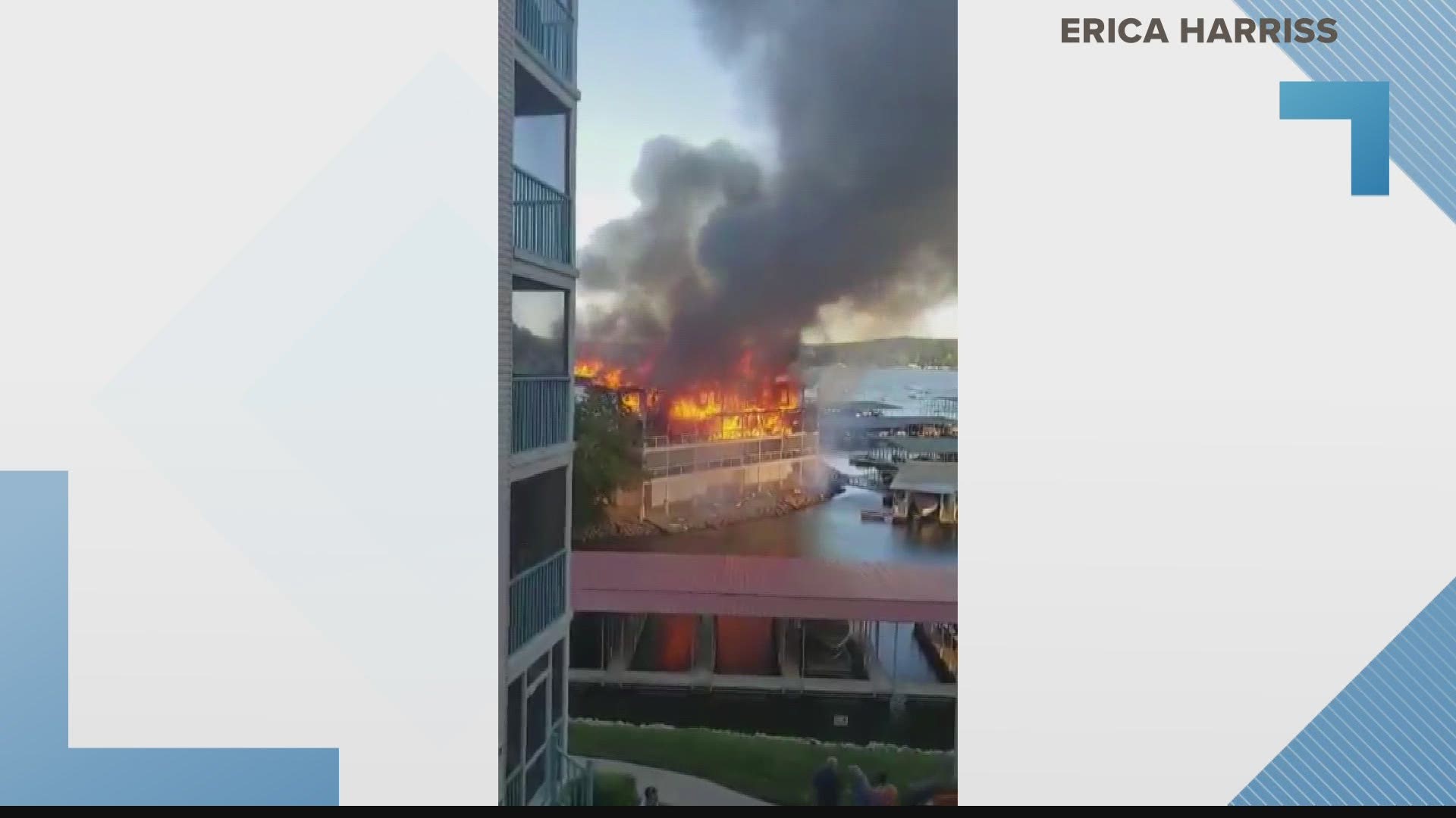 Video shared with 5 On Your Side from Erica Harriss showed flames shooting through much of what appeared to be the top two levels of the Emerald Bay Condominiums