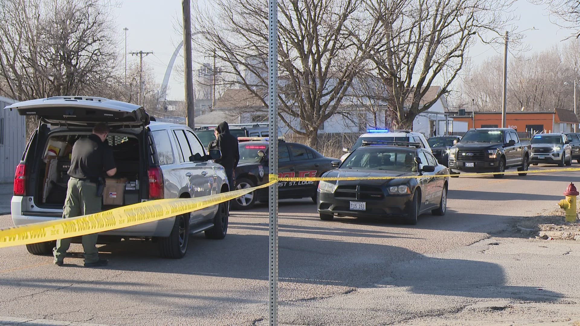 Two people were shot Tuesday afternoon in East St. Louis, authorities said. The St. Clair County coroner was requested to the scene.