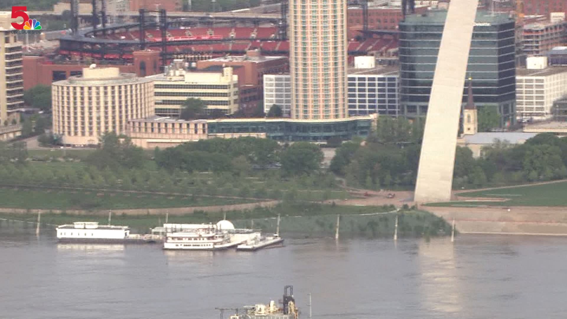 Sky5 captured the rising Mississippi River along the St. Louis waterfront. The river is expected to crest Monday at 41.6 feet.