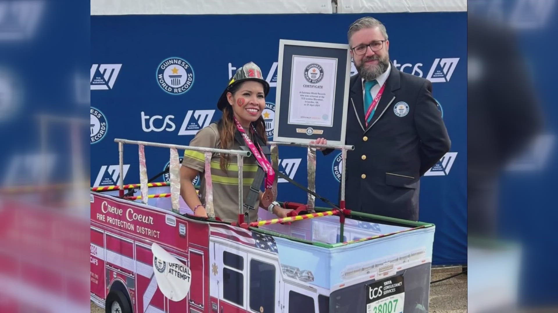 A St. Louis area woman is breaking records and sporting some hometown pride. She participated in the London Marathon and wore a custom-made fire engine costume.