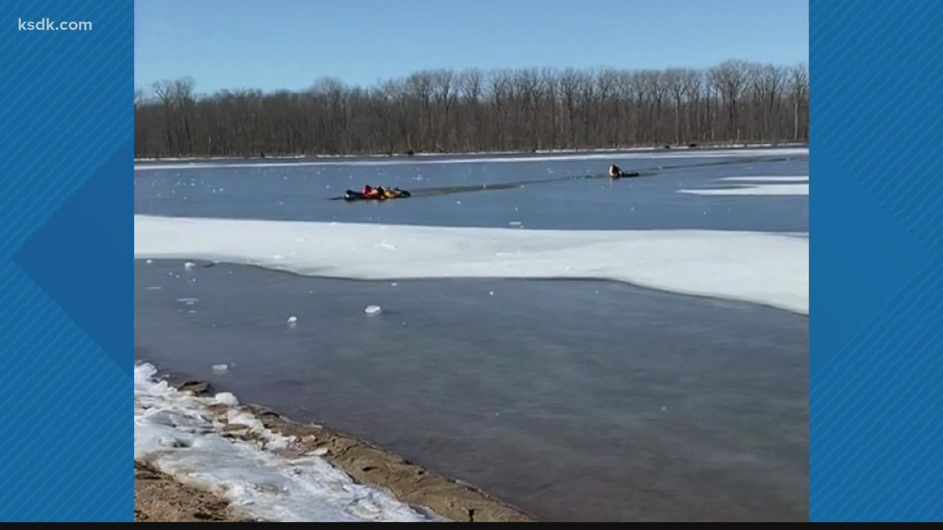 Both people were pulled from the ice without injuries by first responders who happened to be at the lake doing ice training.