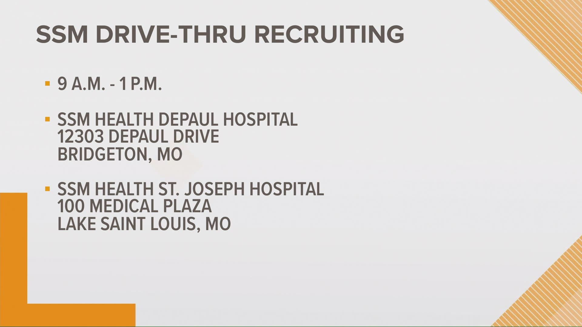 SSM Health is looking to interview candidates for several open positions at its hospitals in Bridgeton and Lake St. Louis.