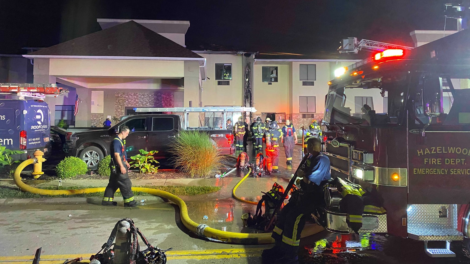 A fire broke out at the Comfort Inn in Hazelwood early Thursday morning. A police officer suffered smoke inhalation but there were no other injuries.