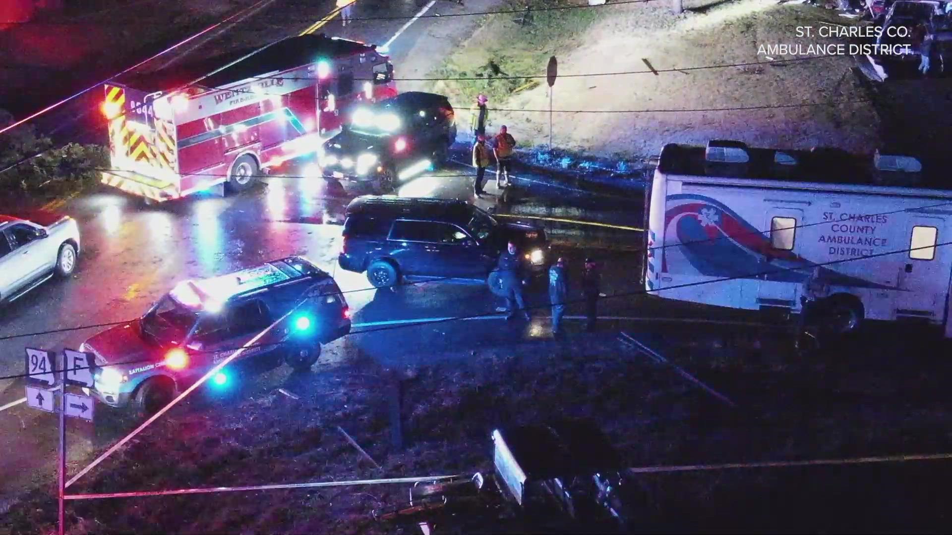 St. Charles Co. Ambulance District shared drone video of the intersection of Highway 94 and Highway F Friday night. It was the scene of an EF-3 tornado.