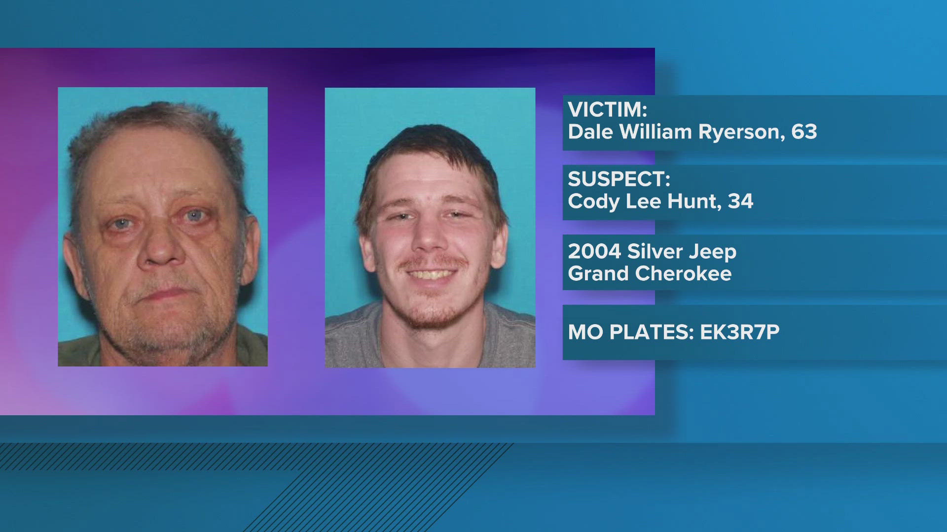 Police said Dale William Ryerson may have been injured during the possible abduction. They're also looking for Cody Lee Hunt as a person of interest.