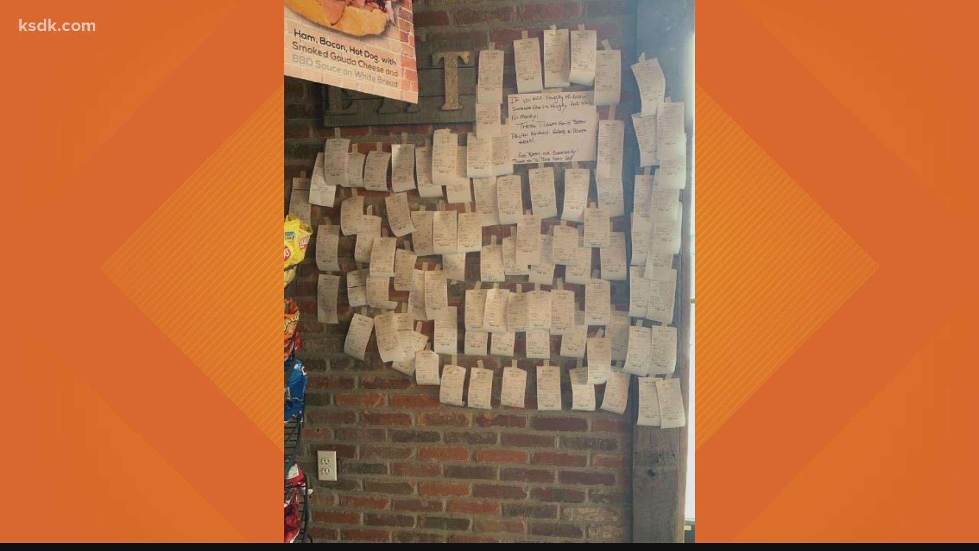 Instead of art on the wall at Ruma’s Deli in St. Charles, there are about 100 receipts. But those meals have not been eaten yet. They’re for people in need of a meal