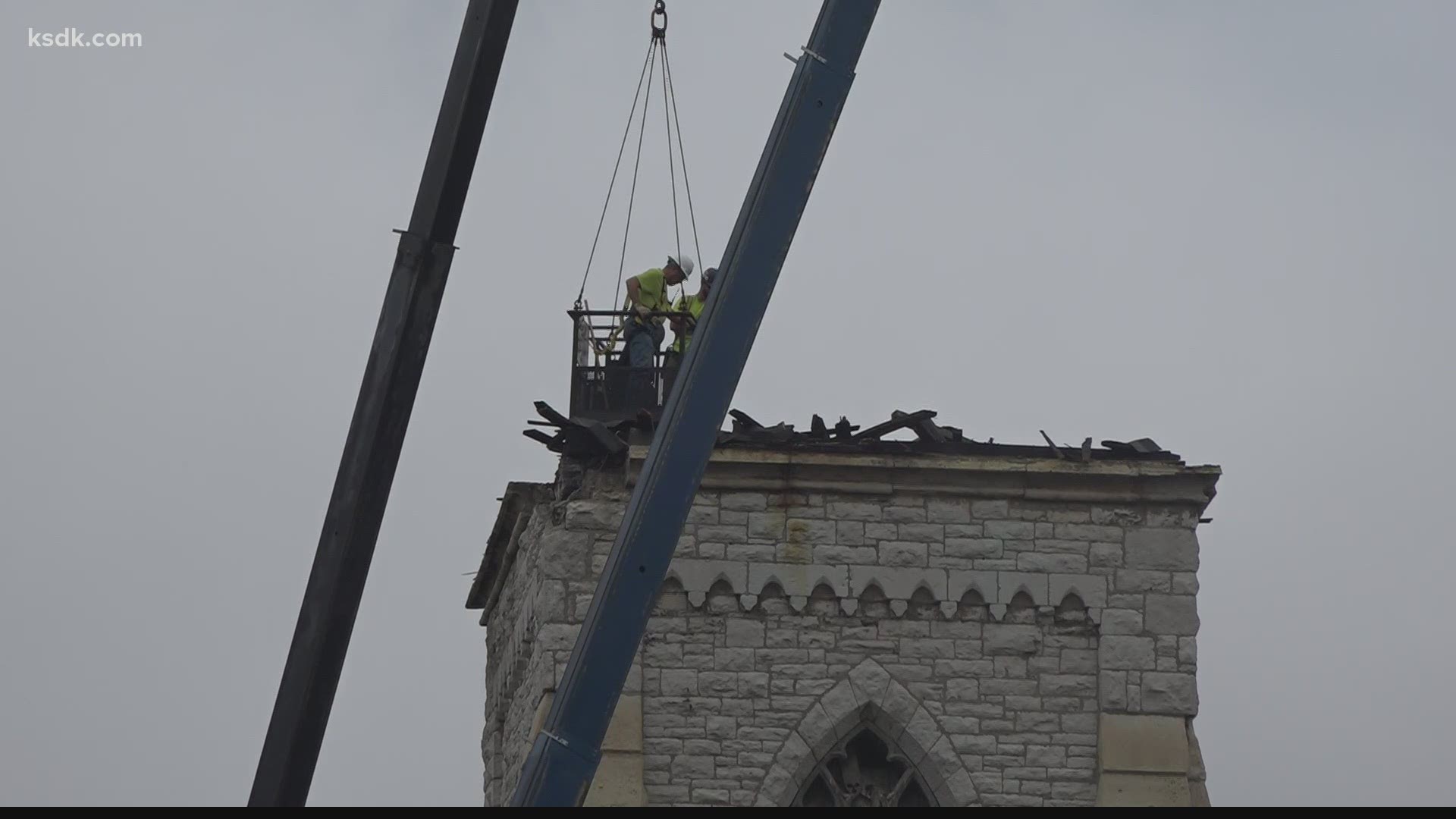 High winds early Saturday morning blew the steeple off Centenary United Methodist Church in downtown St. Louis