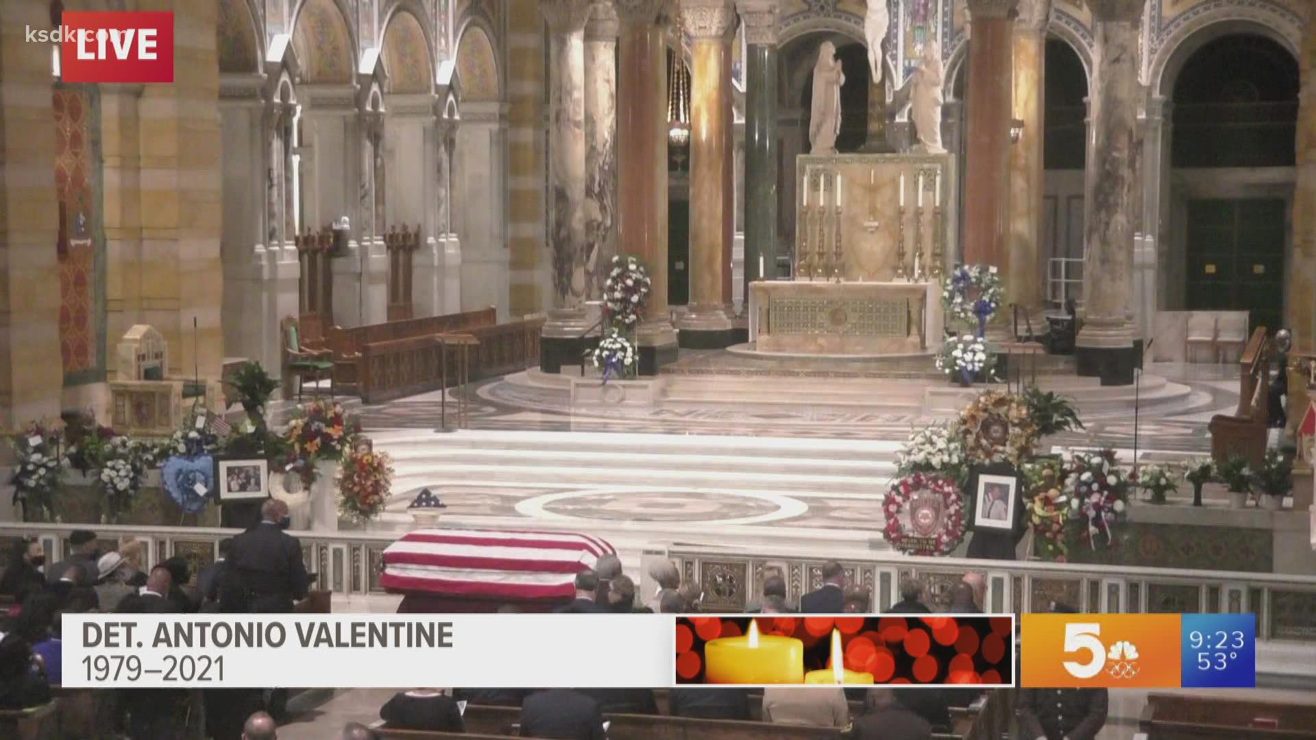 Detective Valentine was killed in a crash in the line of duty last week. He was honored at the Cathedral Basilica of St. Louis.