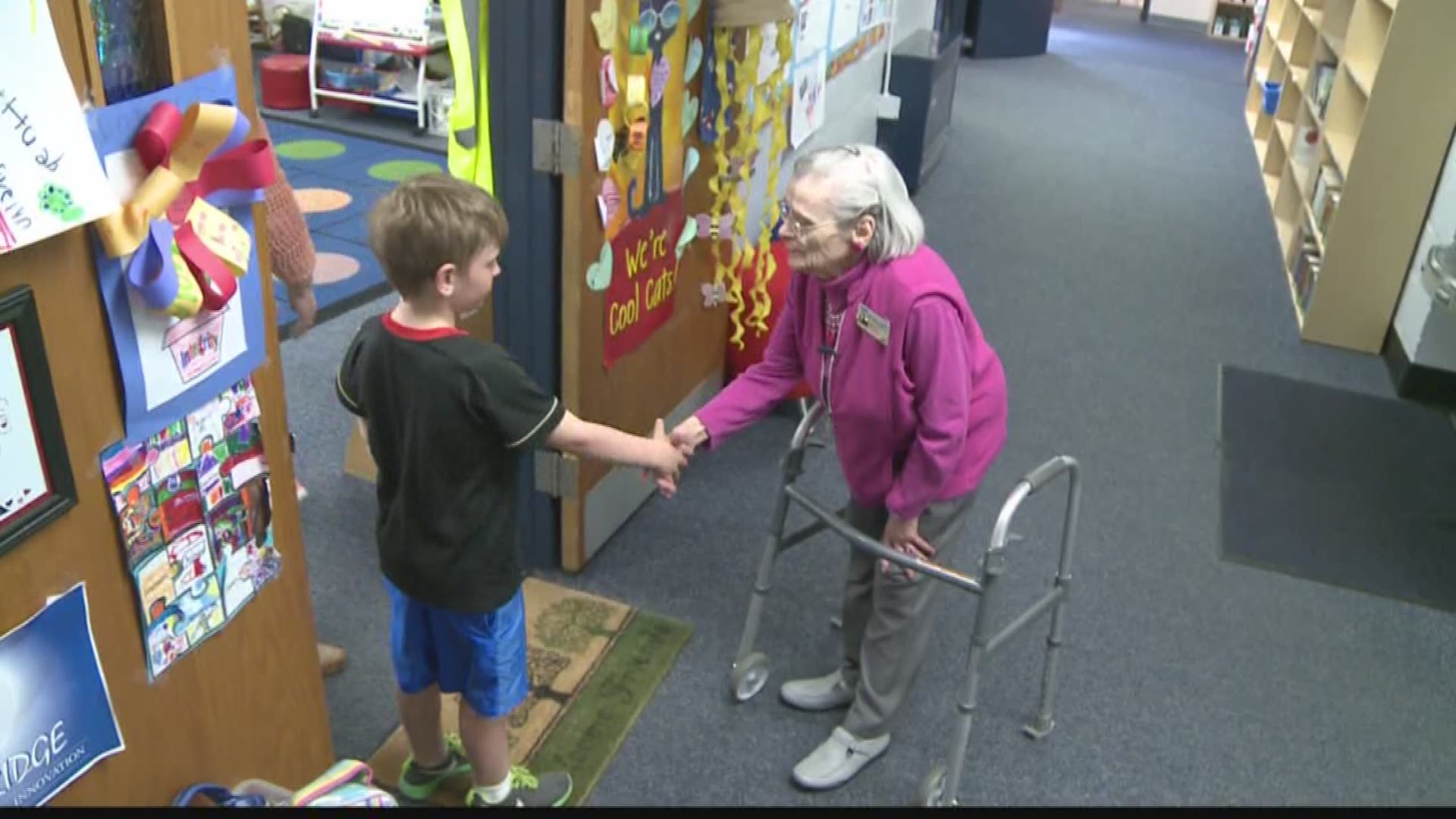 As Miss E. Laine approaches her 90th birthday later this year, she uses a walker to move around the hallways at Mason Ridge Elementary.