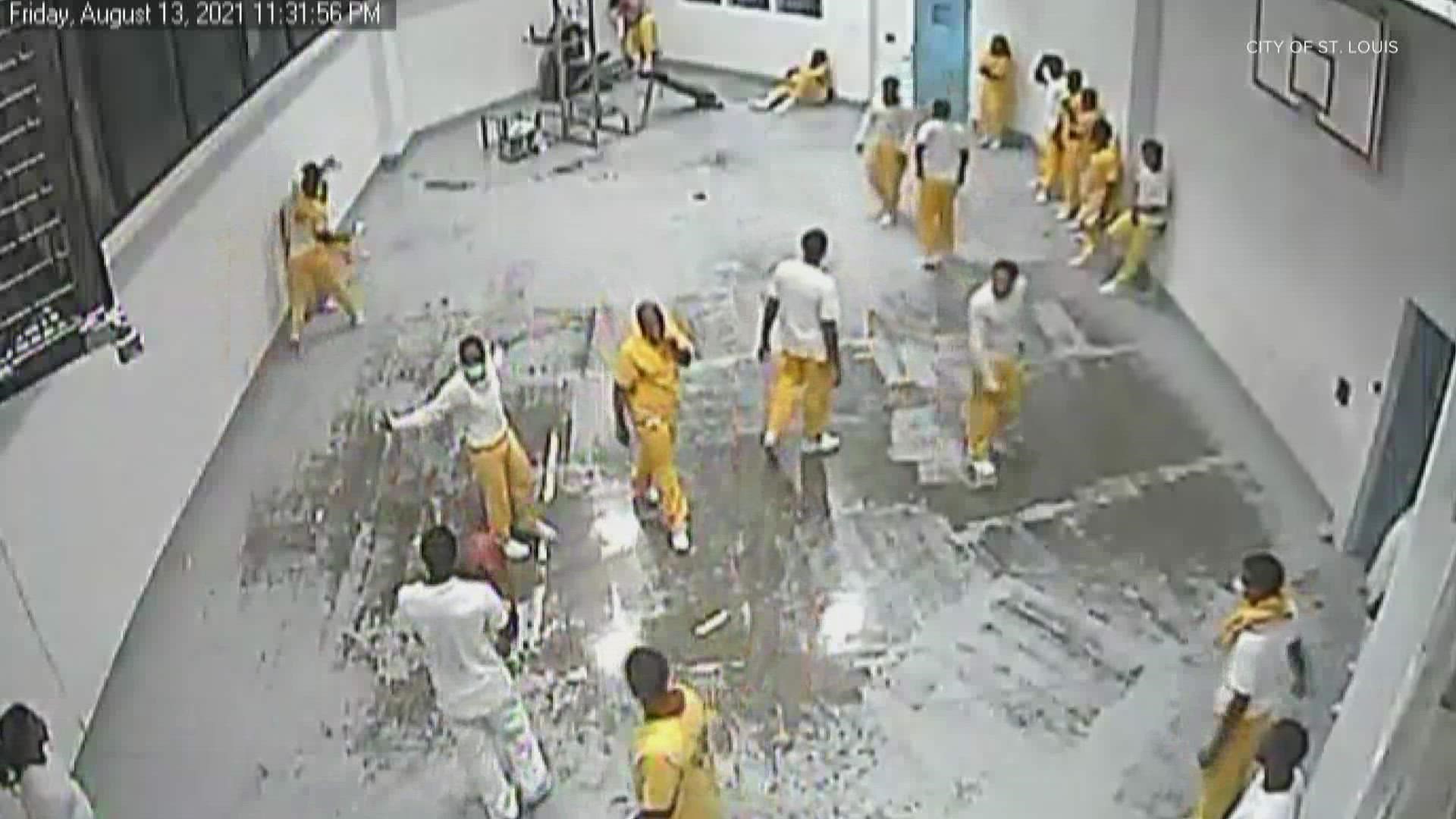 Video provided by the City of St. Louis shows an fight between detainees on Aug. 13, 2021
