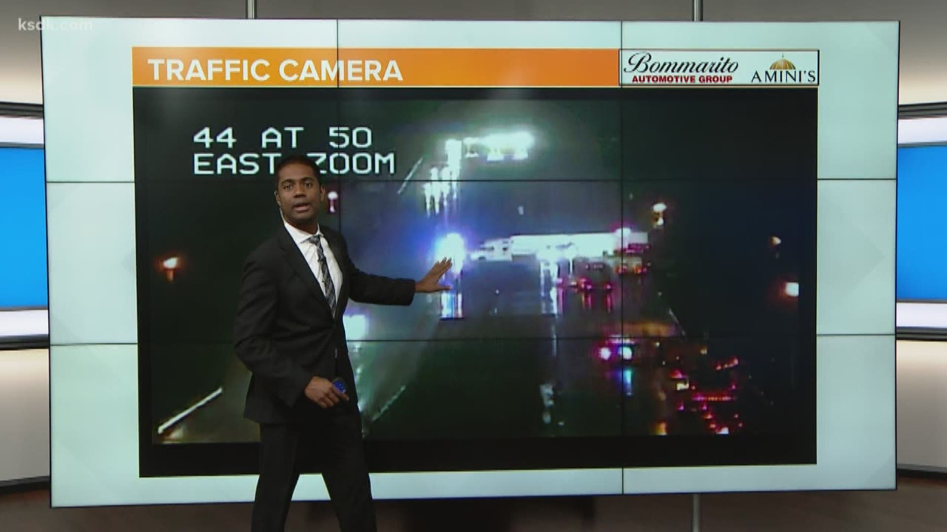 Chester Lampkin and Rhyan Henson have a look at the latest traffic conditions Monday morning as heavy storms move through the bi-state area.