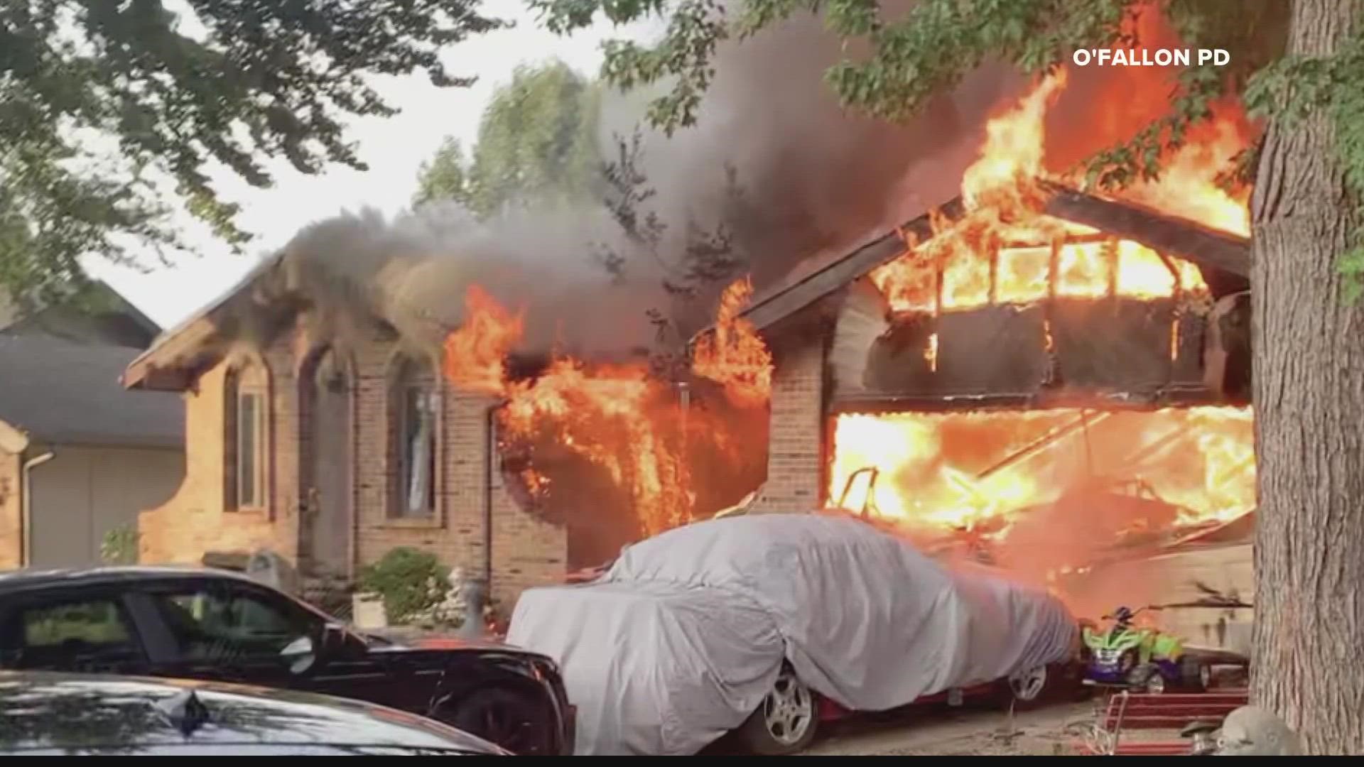 One resident and three first responders were injured in a house fire in St. Charles County near St. Peters Tuesday morning.