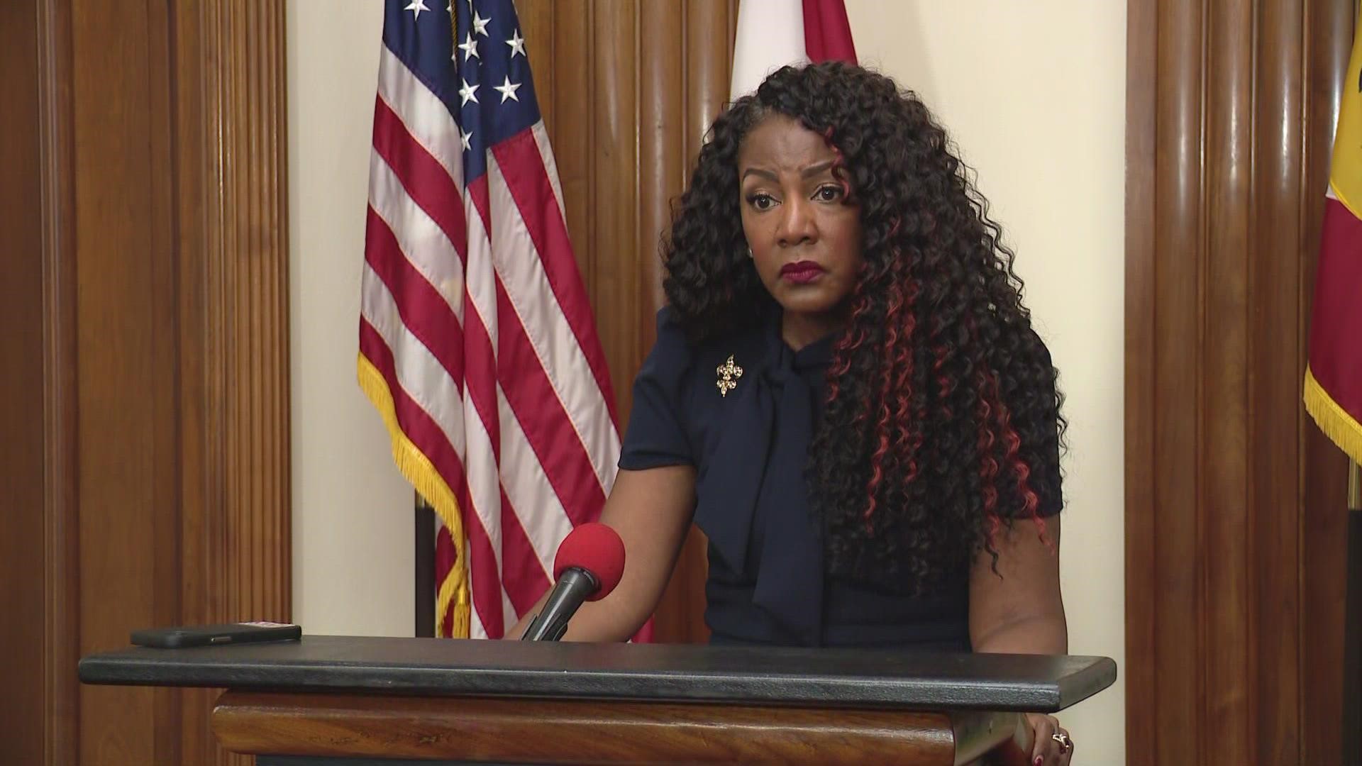 St. Louis Mayor Tishaura Jones held a briefing after Board of Aldermen President Lewis Reed resigned after he was charged with accepting bribes.