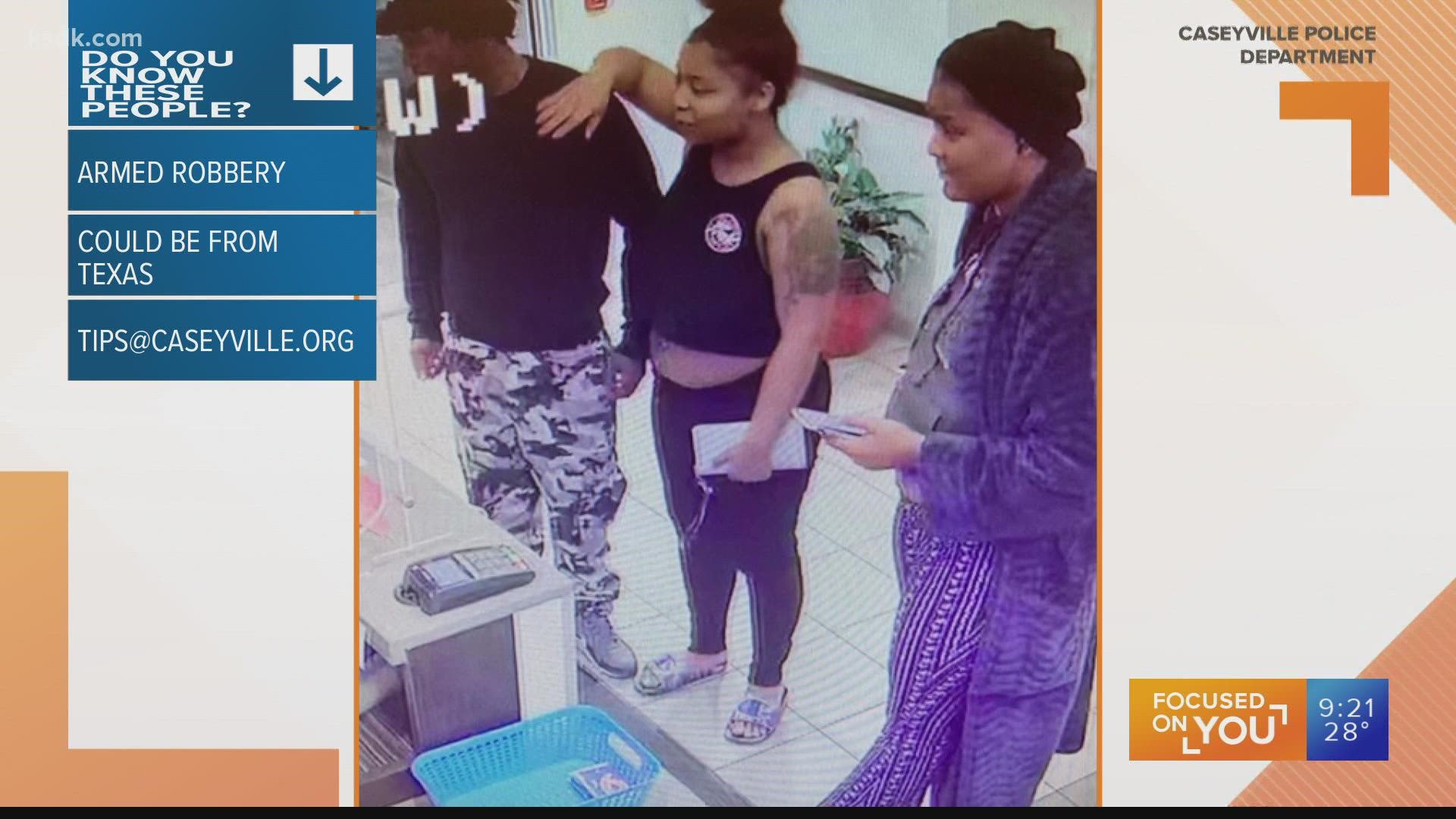 Three people are wanted in connection to a crime in Caseyville. Police say they are linked to an armed robbery at a Motel 6.