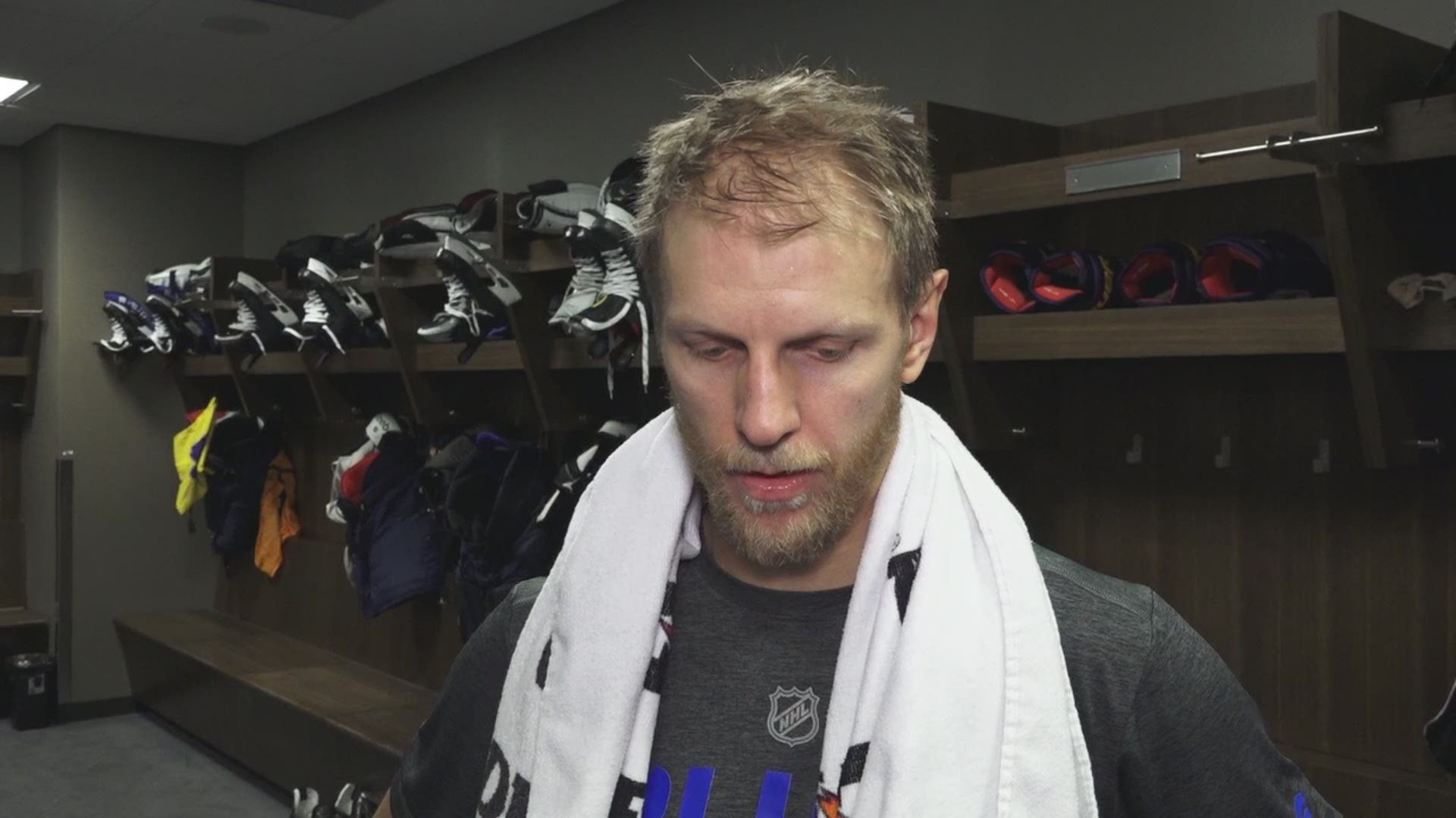 Carl Gunnarsson talks to reporters after the Blues beat the Oilers on the road in Edmonton. It's the team's sixth straight win. Courtesy: Blue Note Productions