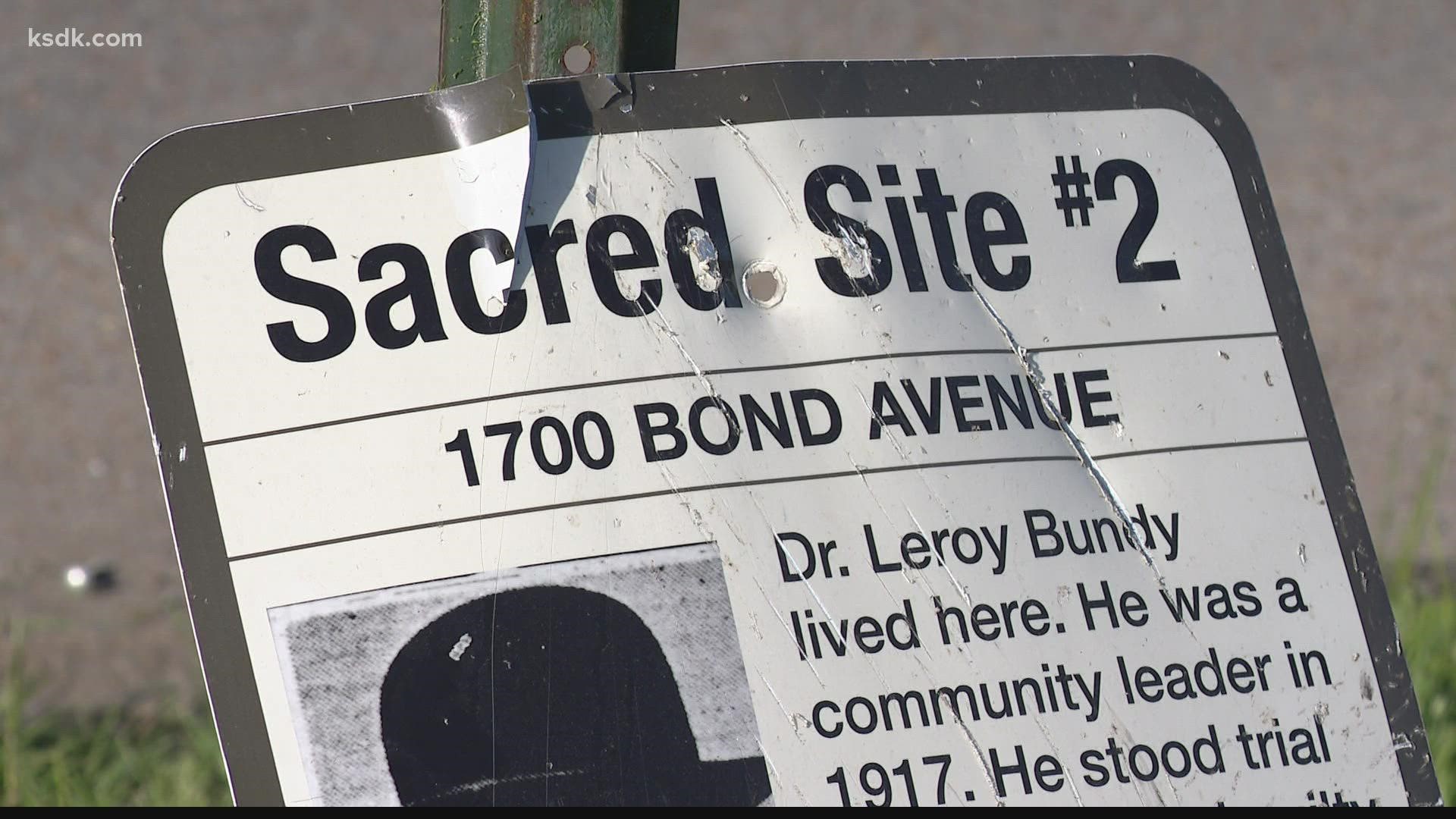 A driver ran over the sign of the sacred site where Dr. Leroy Bundy lived. Bundy was accused and convicted of starting the race riot, but was later exonerated.