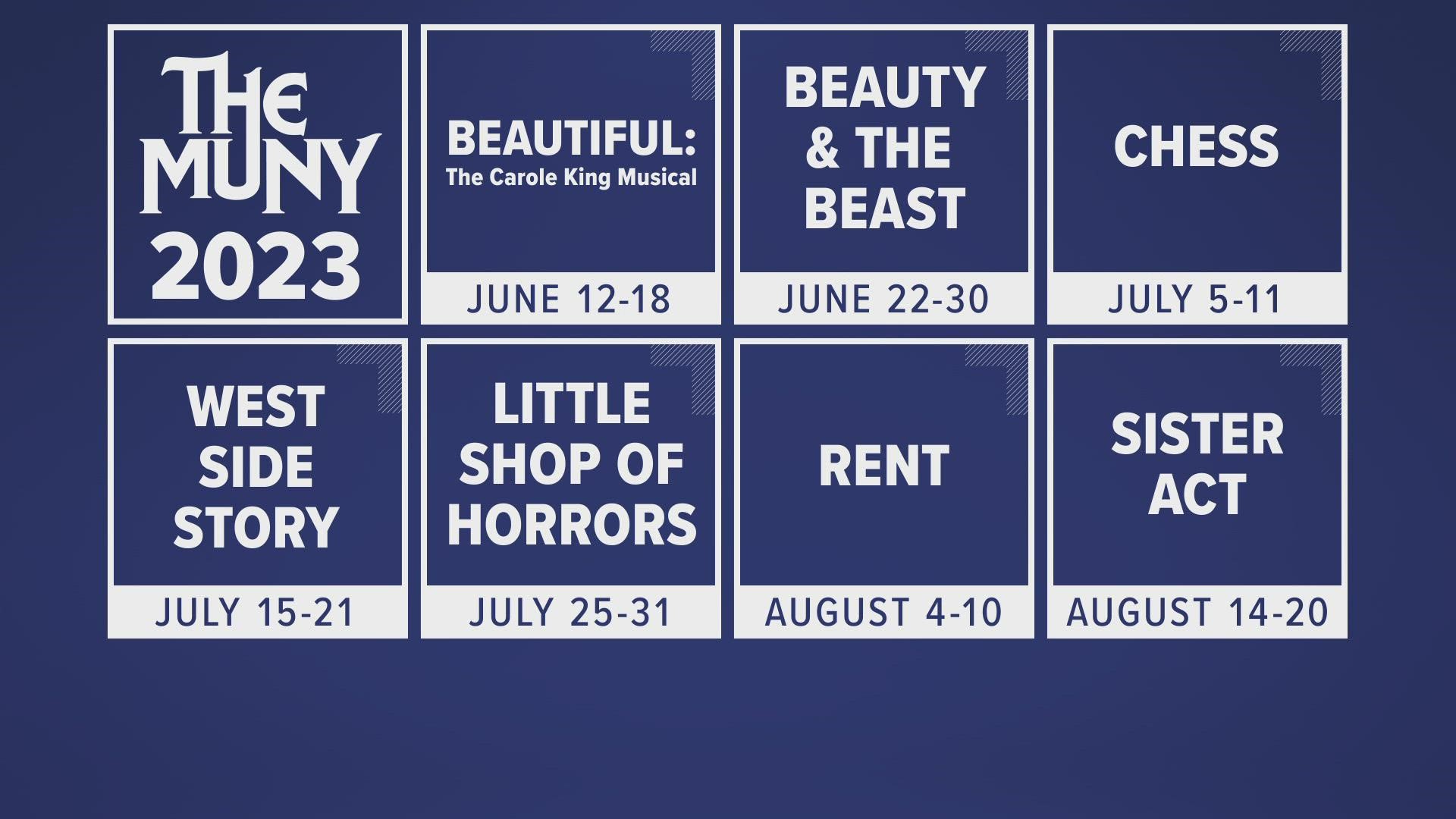 The Muny in St. Louis announced first-time shows like "Beautiful" and "Rent." "Beauty and the Beast" and "West Side Story" are back for 2023.
