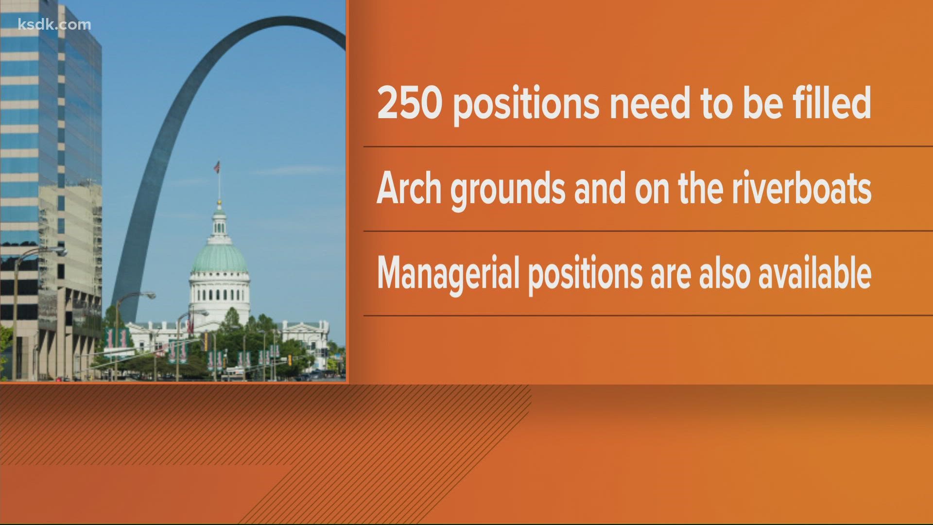 Open positions at the Arch include tour guides and ticket sales agents, as well as managerial positions such as the Arch Director of Operations.
