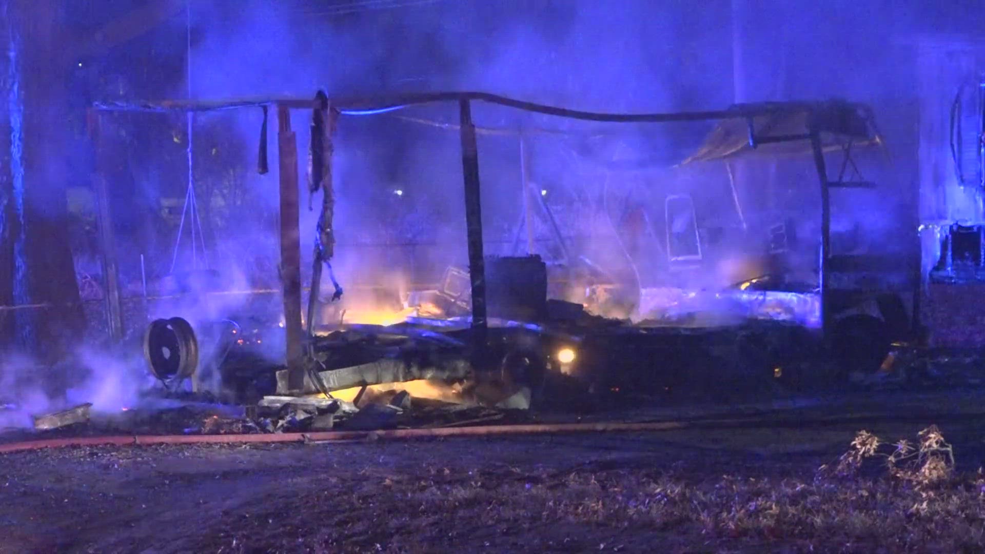A fire broke out shortly after 1:30 a.m. Monday at a mobile home in Cahokia Heights. The damage was extensive, but three adults and two dogs were able to escape.