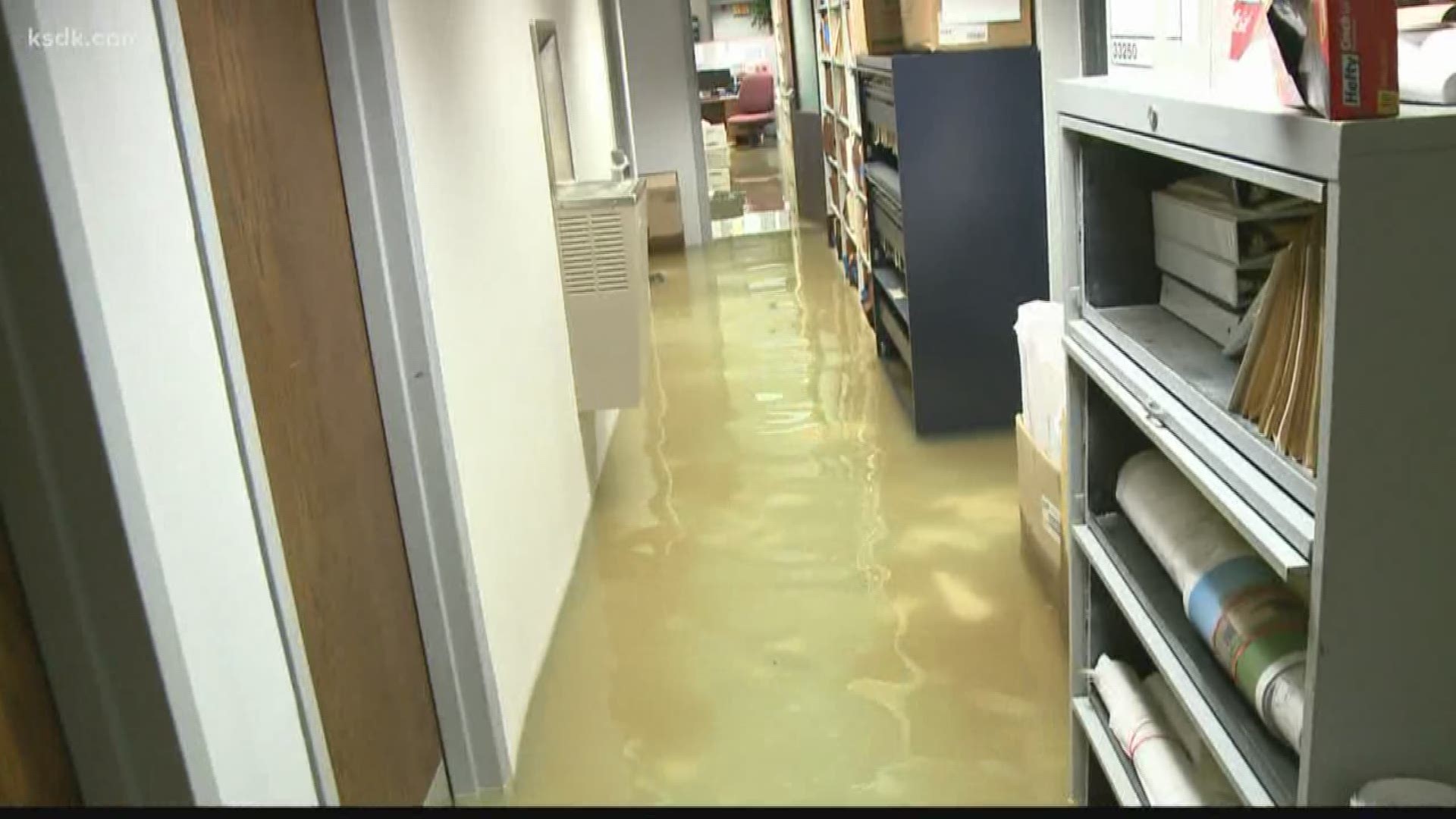 The water main break is next to the Crestwood Fire Department, flooding the basement of the Crestwood Government Center.