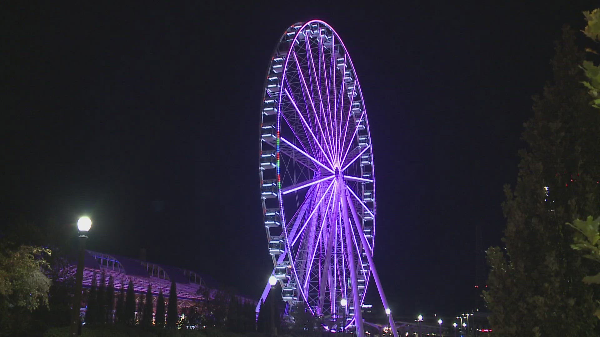 St. Louis is shining purple at night for Domestic Violence Awareness Month. Lights are purple on the Wheel, Civil Courts building, Enterprise Center and more.