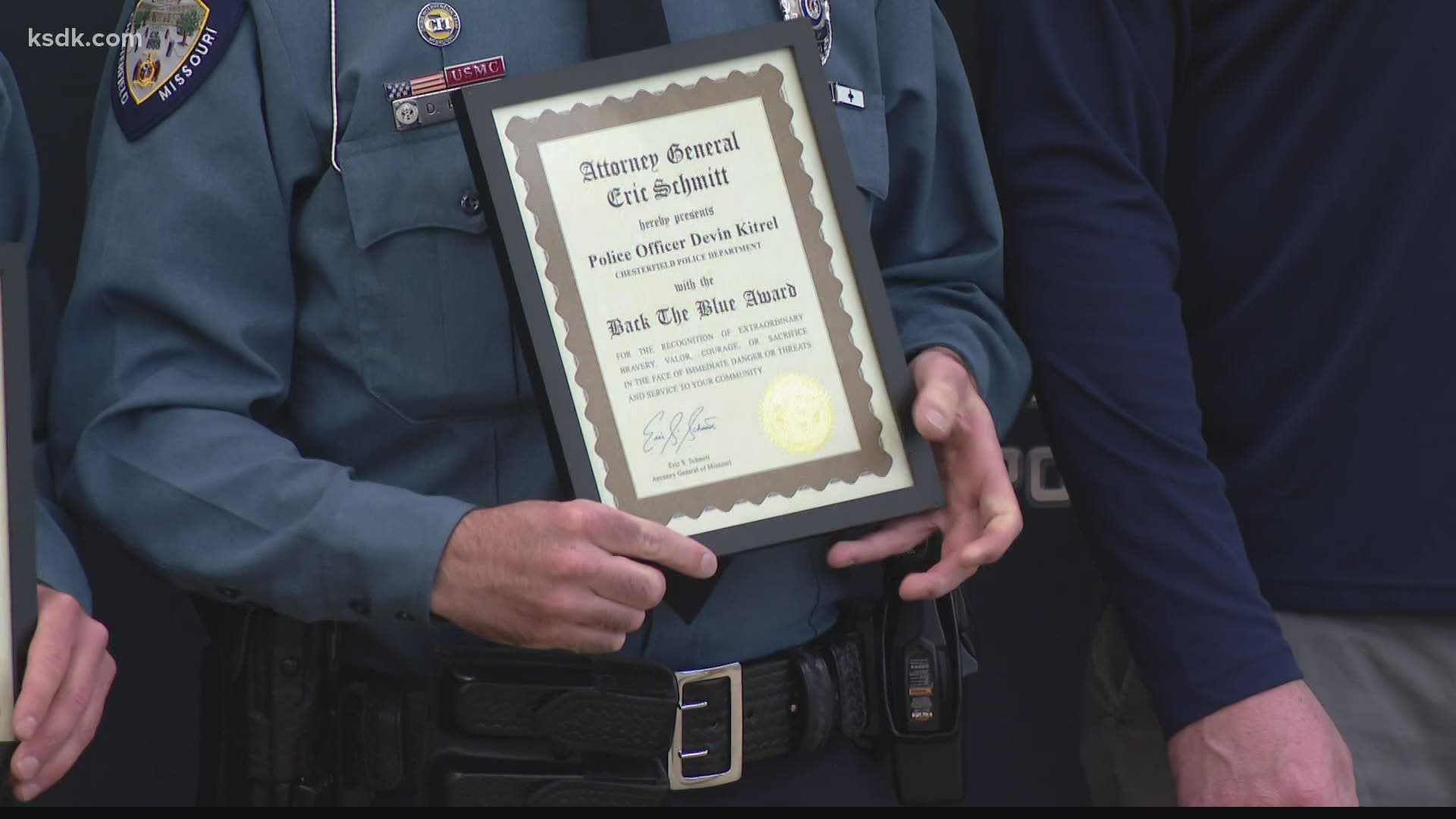 Missouri Attorney General Schmitt presented them with the "Back the Blue" award at the Chesterfield City Hall