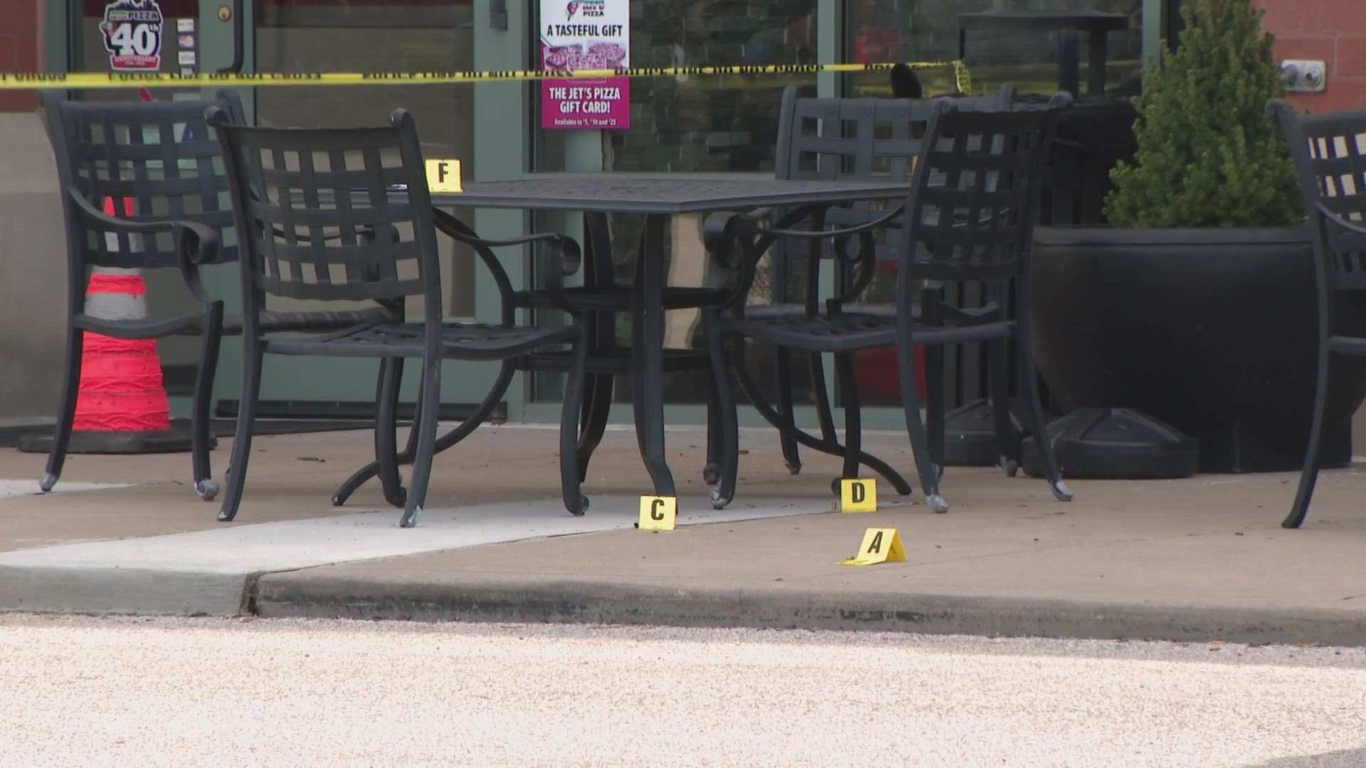 The shooting occurred outside Jet's Pizza located at 12536 Olive Boulevard. Creve Coeur police are investigating.