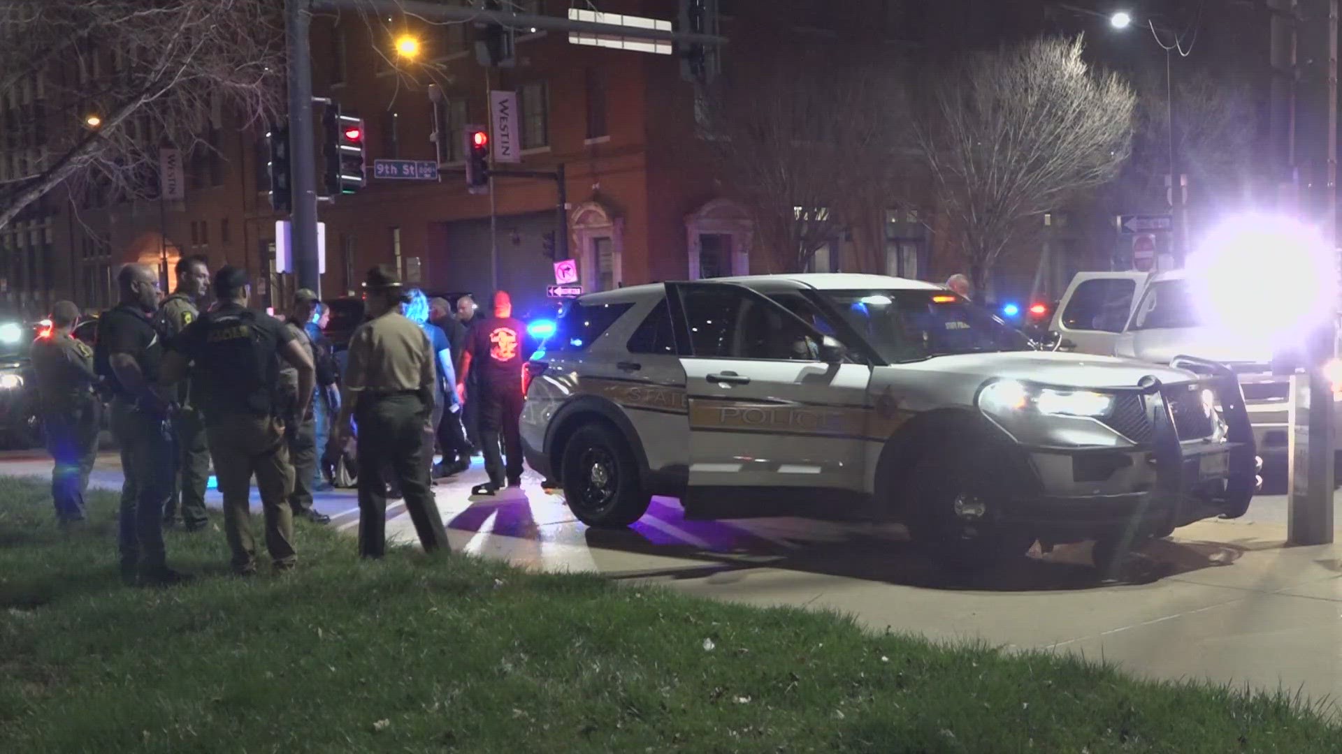 The police pursuit ended right by Busch Stadium in downtown St. Louis. One person was taken into custody.