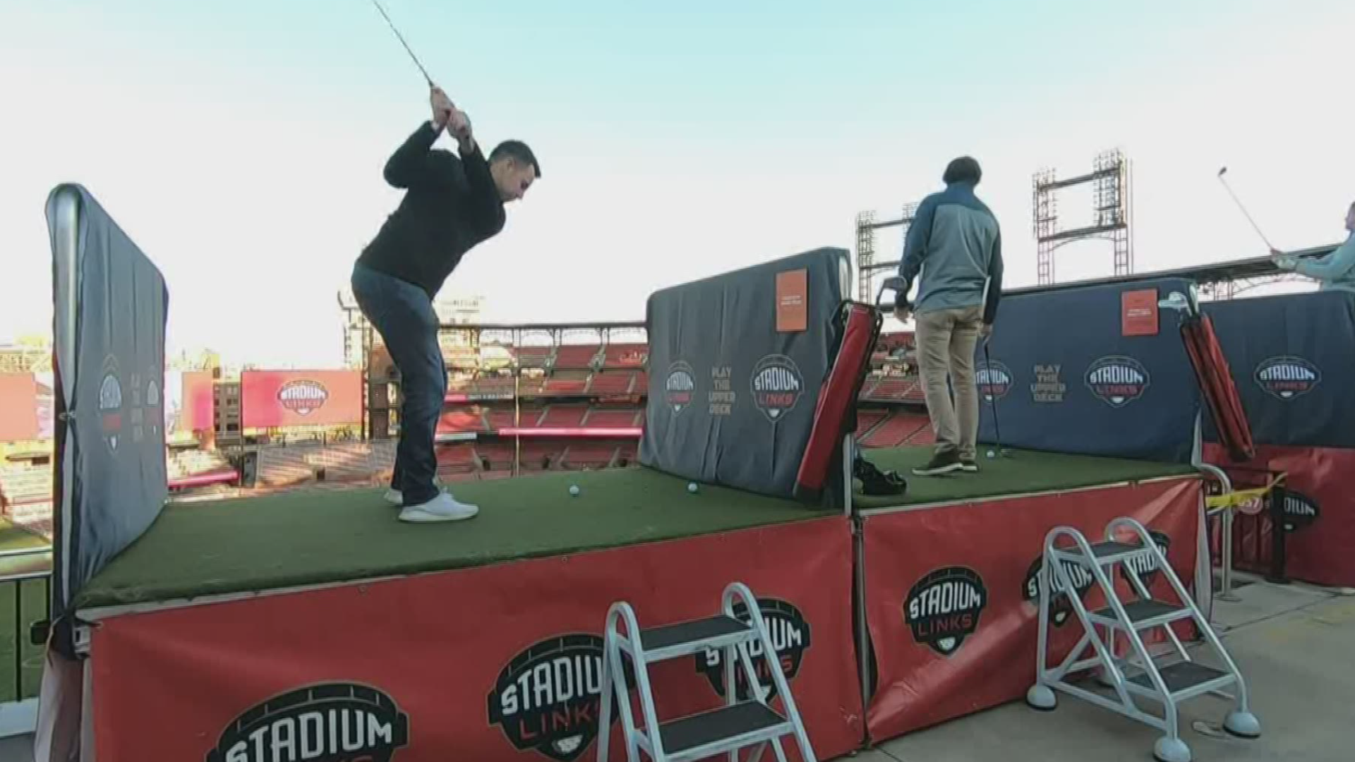 For the first time, a company has set up a nine-hole golf course throughout Busch Stadium. More than 5,000 golfers get to check it out this weekend.