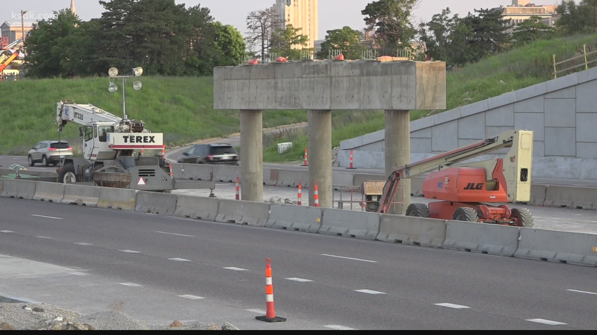 Both directions of I-64 were originally scheduled to be closed July 9-12 as MoDOT crews set girders for the Ewing Avenue bridge