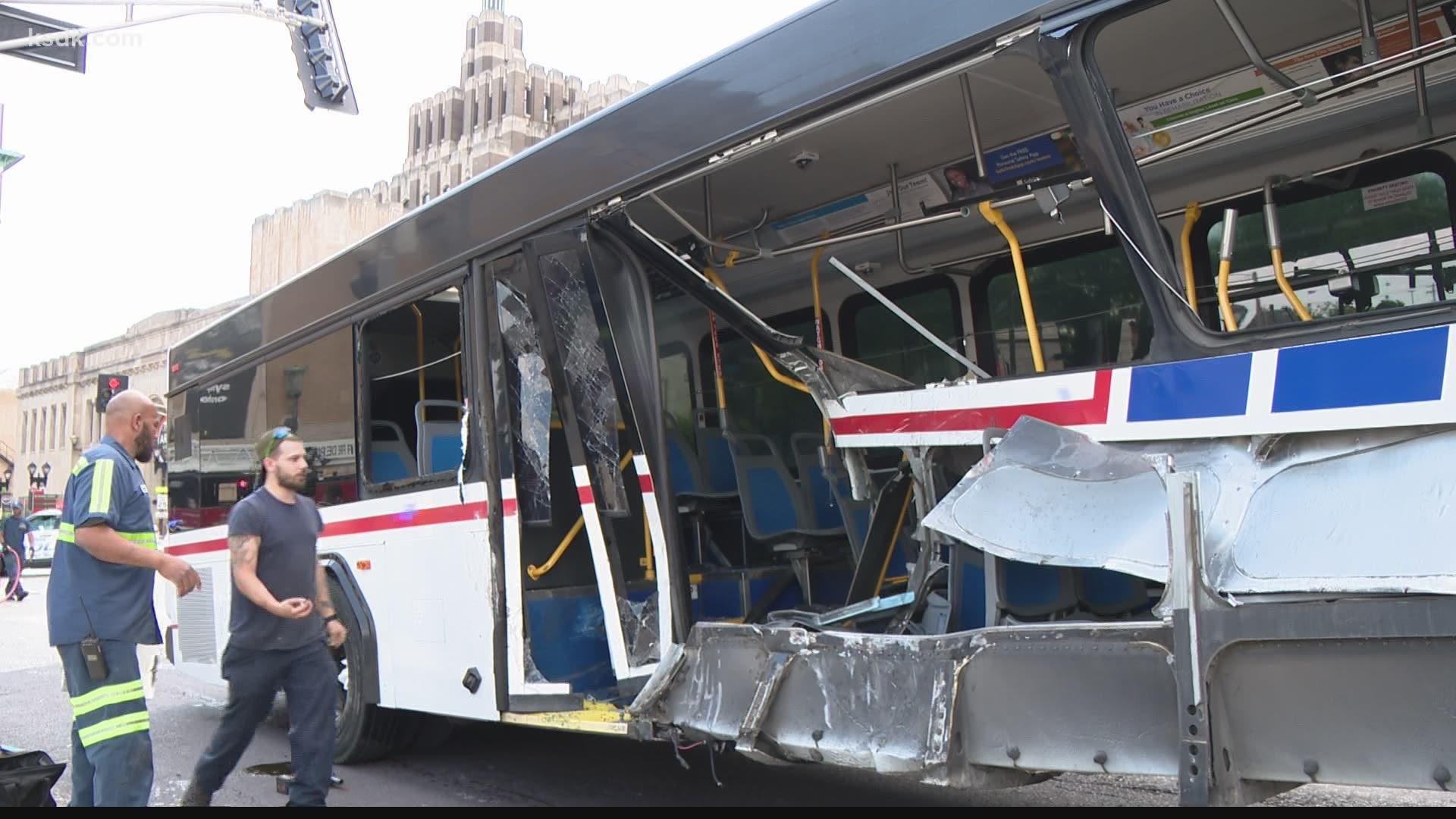 Video from inside the bus appeared to show a pickup truck crashed into the side of the bus, causing a hole in the transportation vehicle