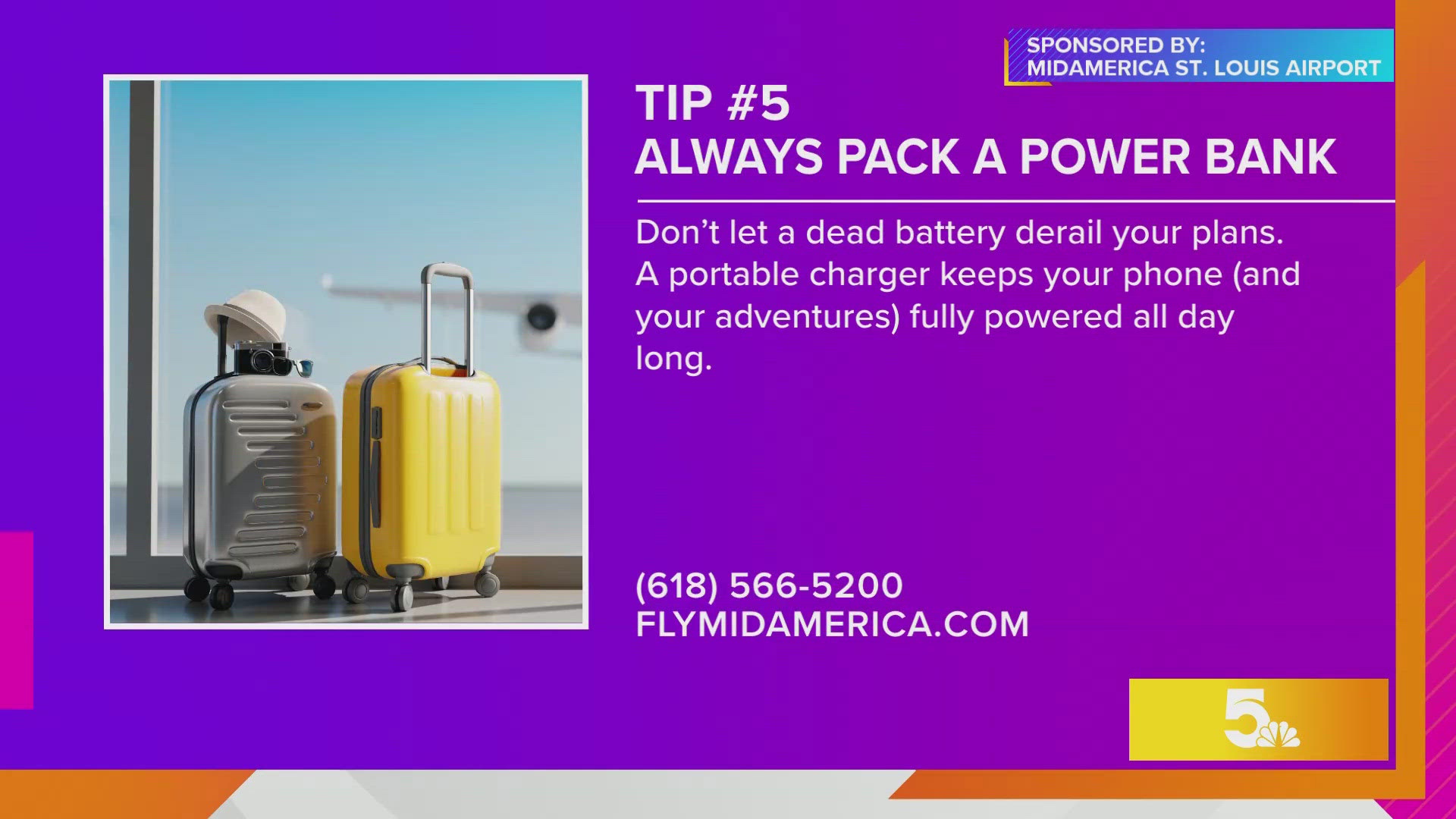 MidAmerica St. Louis Airport advises travelers to pack a power bank to keep phones charged.