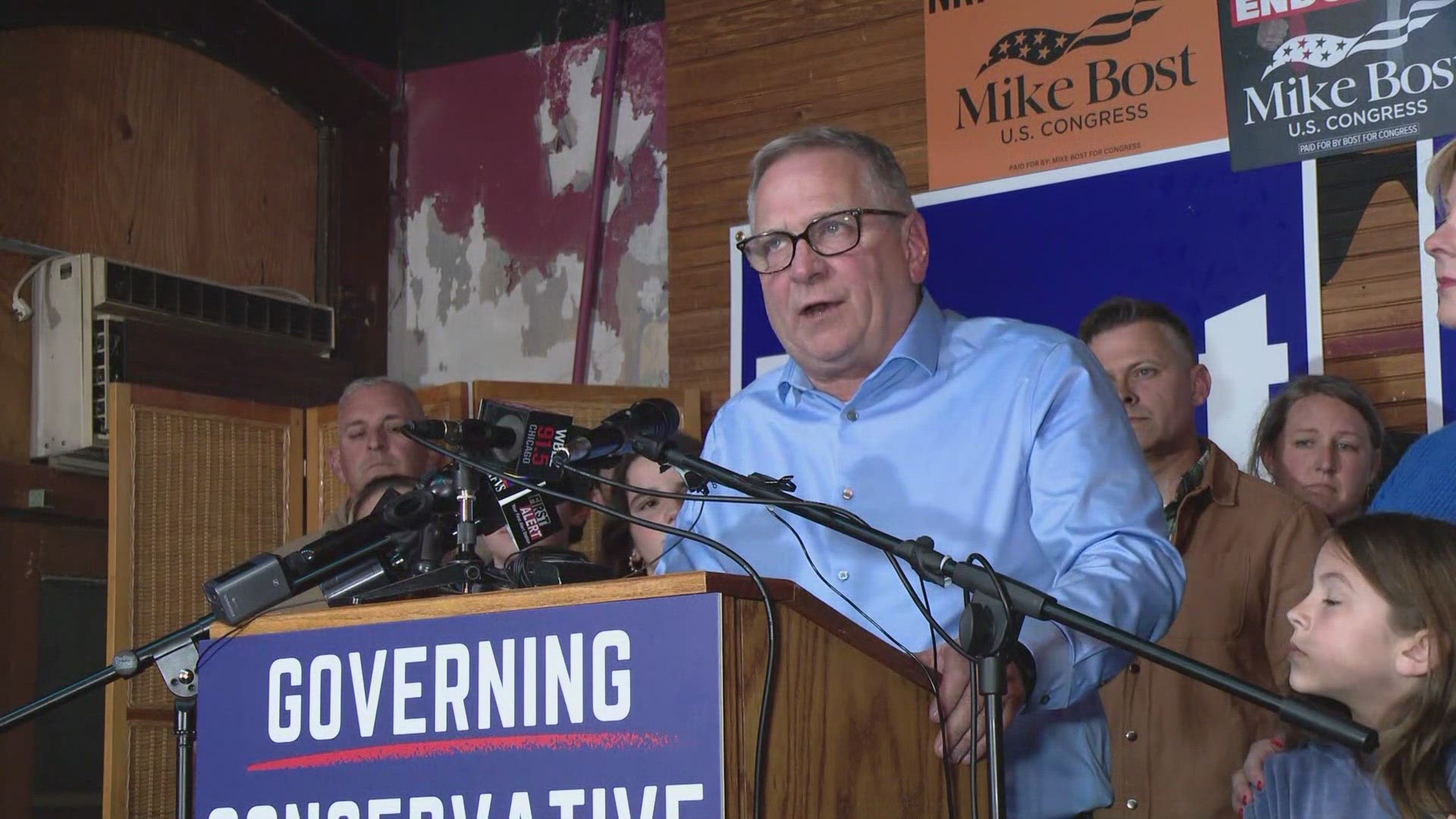 Four-term U.S. Rep. Mike Bost declared victory against challenger Darren Bailey in Tuesday night's GOP primary race for Illinois' 12th District.
