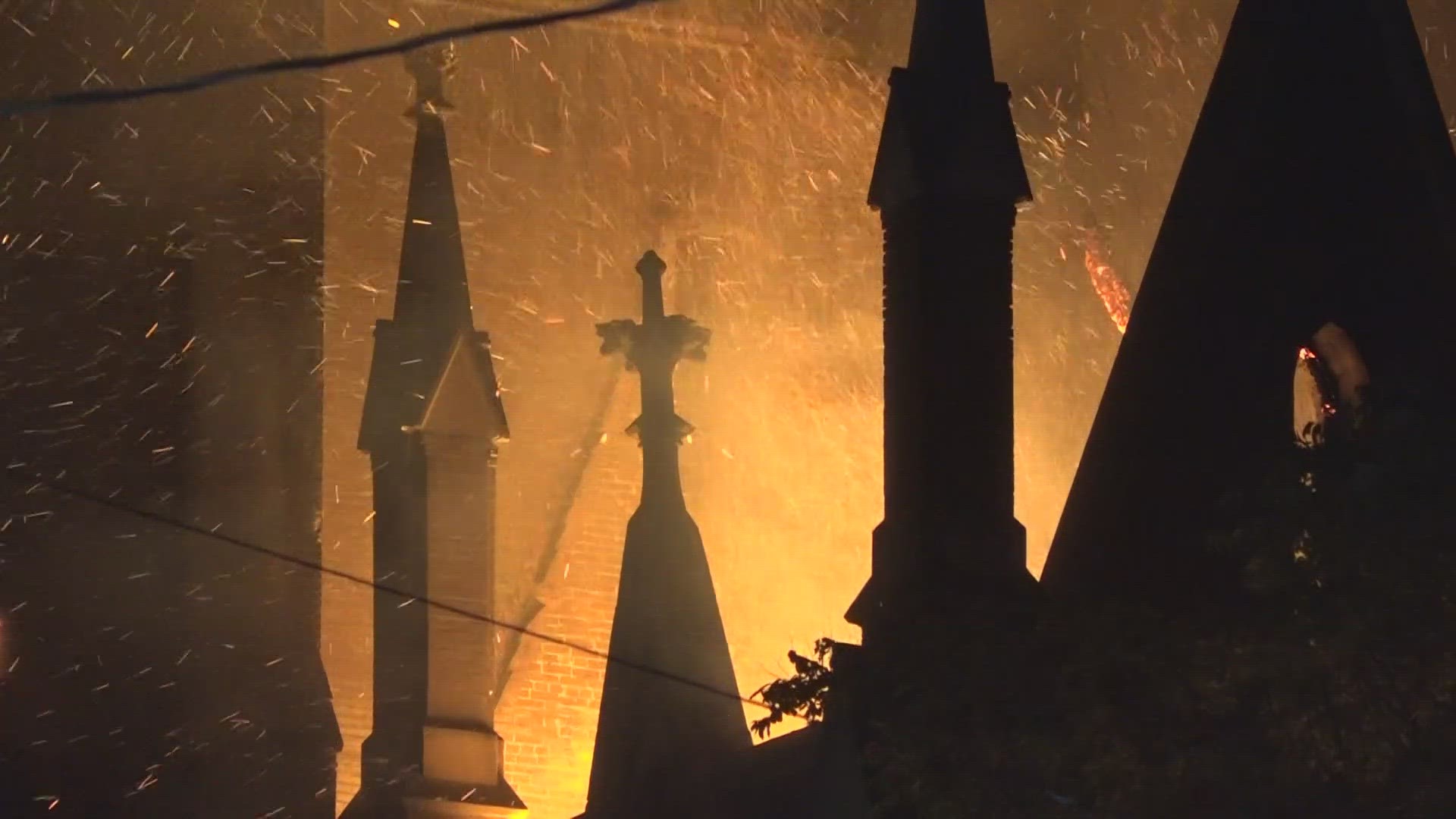 Massive fire destroys St. Louis skate park inside a former church. Firefighters battled heat while fighting massive flames Wednesday night into Thursday morning.