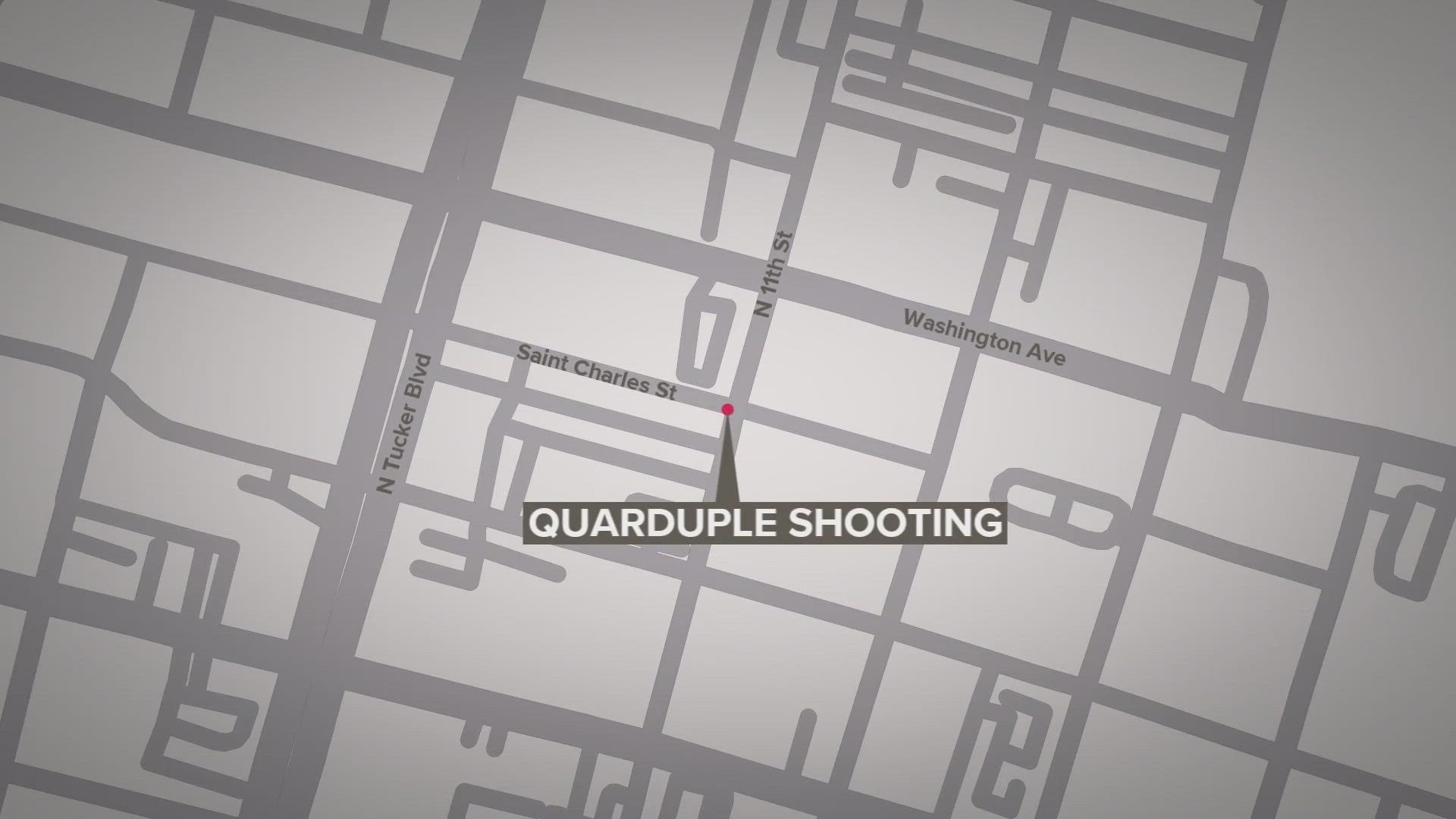 Three men and a woman were shot. The shooting happened at North 11th and St. Charles Streets.