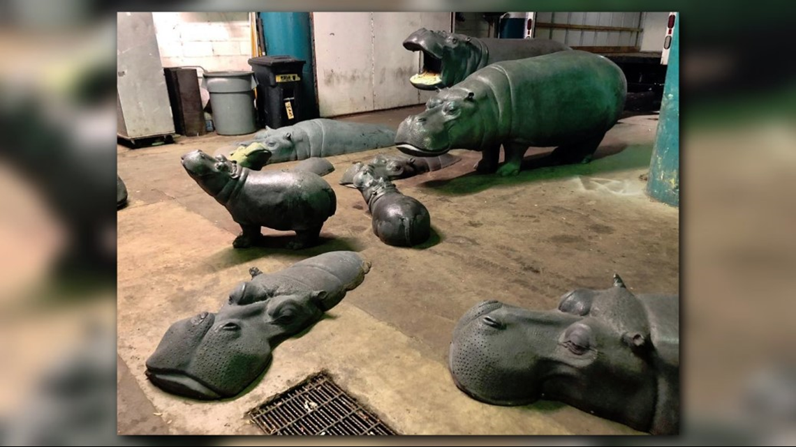 Hippo sculptures that lived in Central Park return to City Museum ...