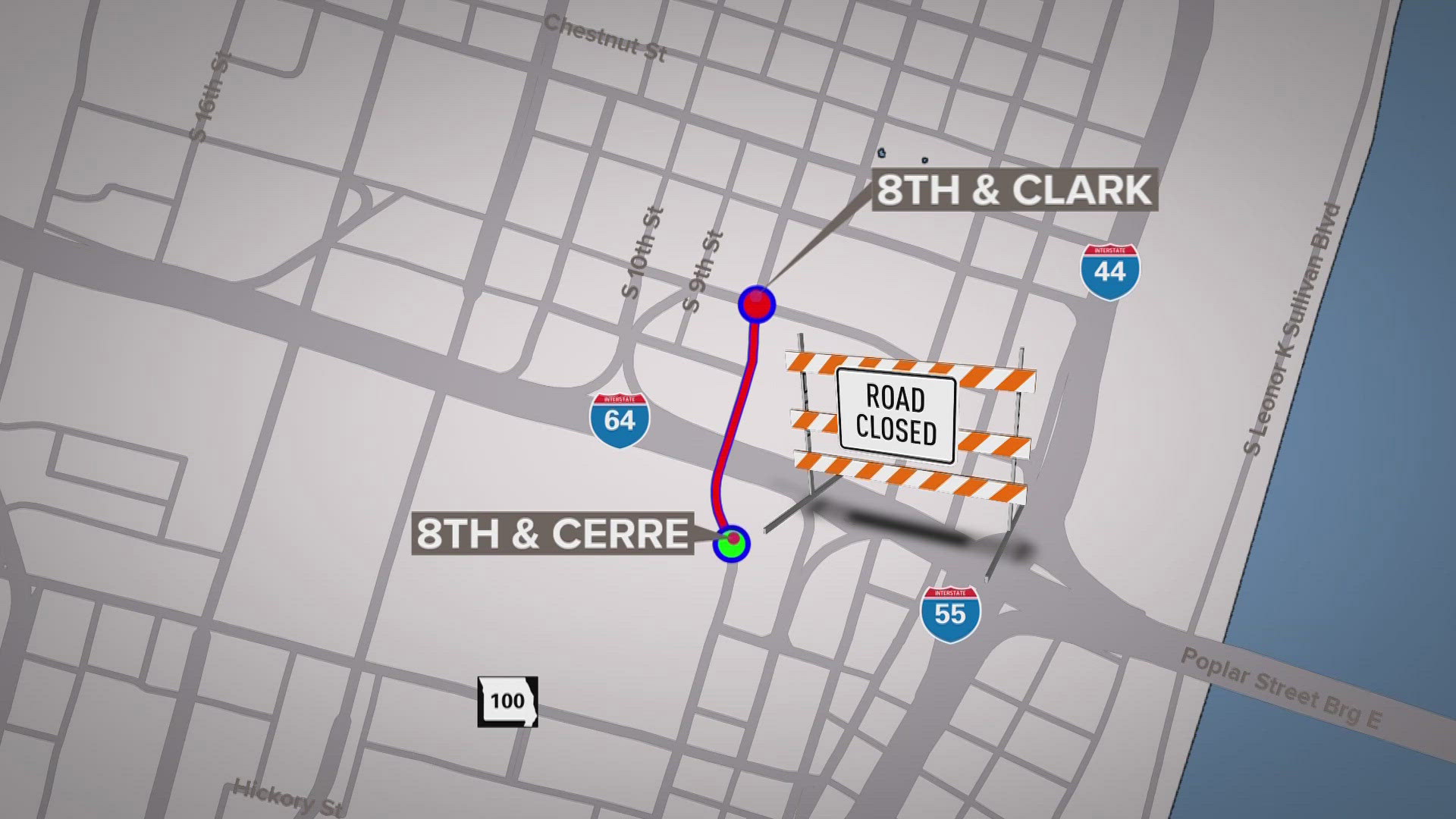 8th Street will be closed between Clark and Cerre streets through Wednesday for a public safety exercise. Military exercises and equipment will be visible from I-64.