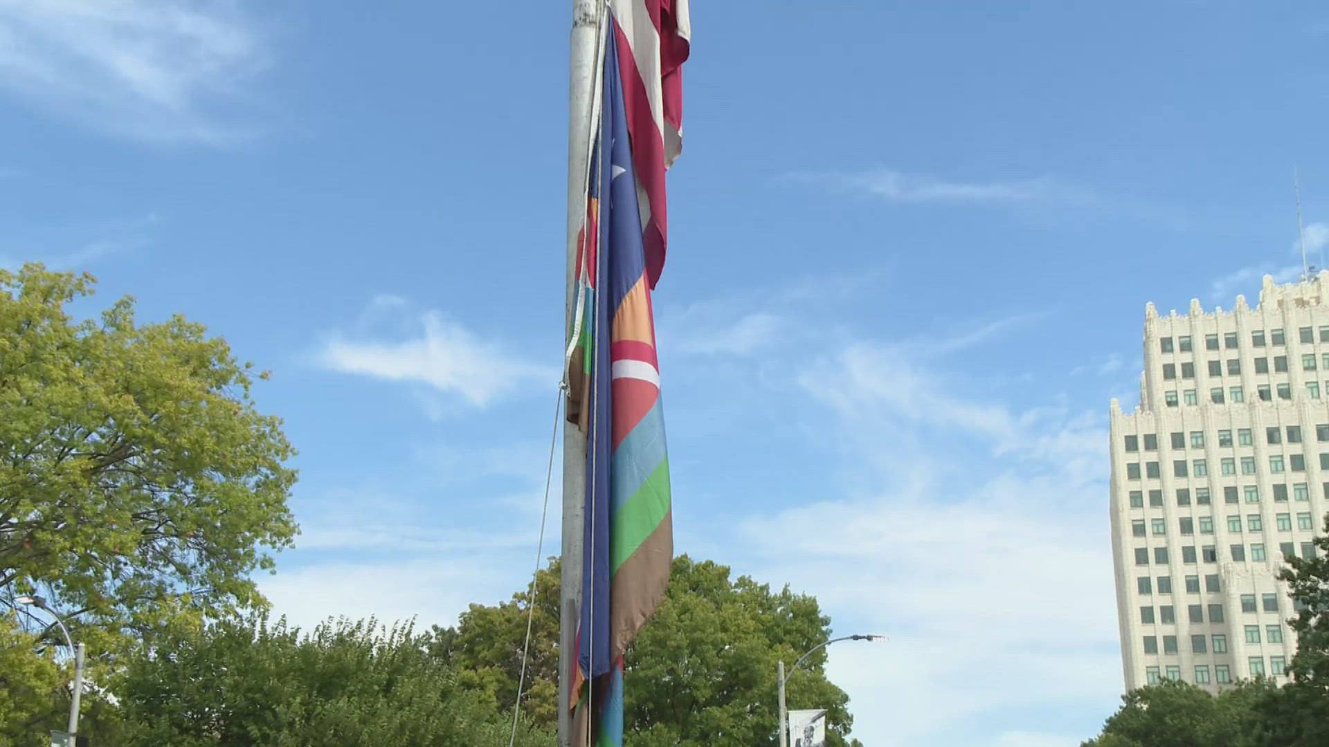 To mark the start of Hispanic Heritage Month, St. Louis County raised a Hispanic heritage flag at Memorial Plaza.