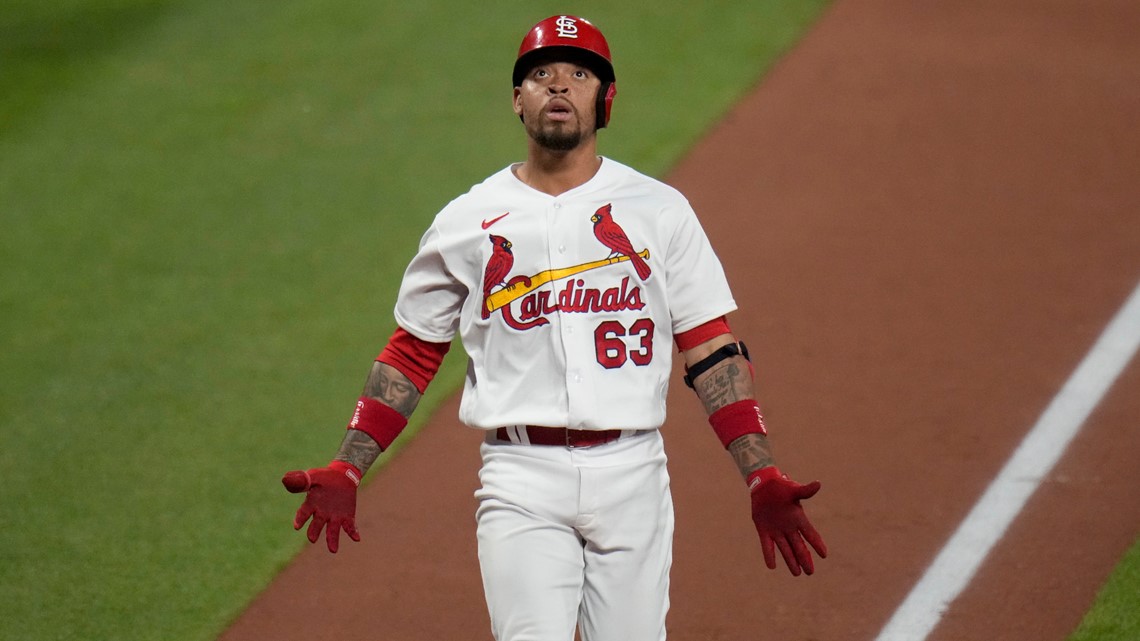 St. Louis Cardinals Nolan Arenado looks skywards after touching