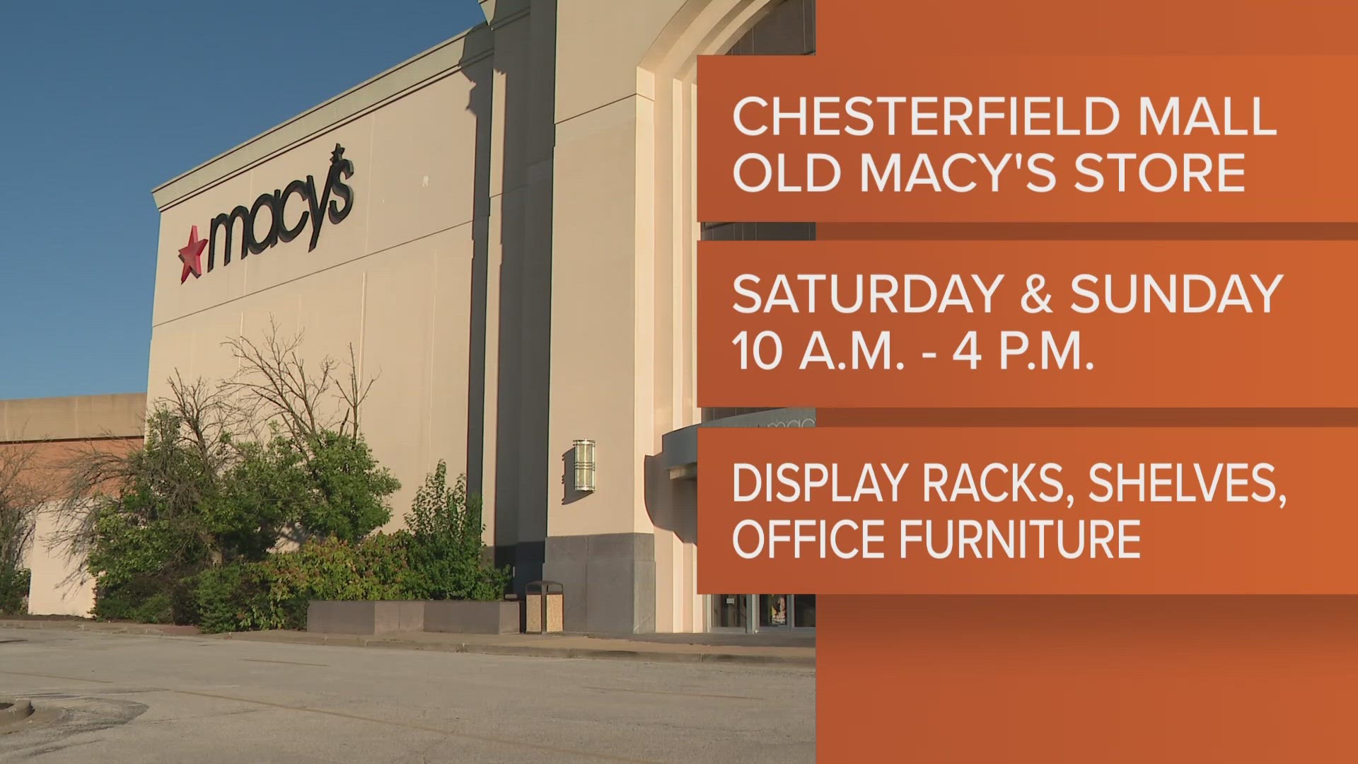 Mall fixtures will be sold over the next year, starting with a sale Saturday and Sunday in the old Macy's store. A variety of items will be sold in the sales.