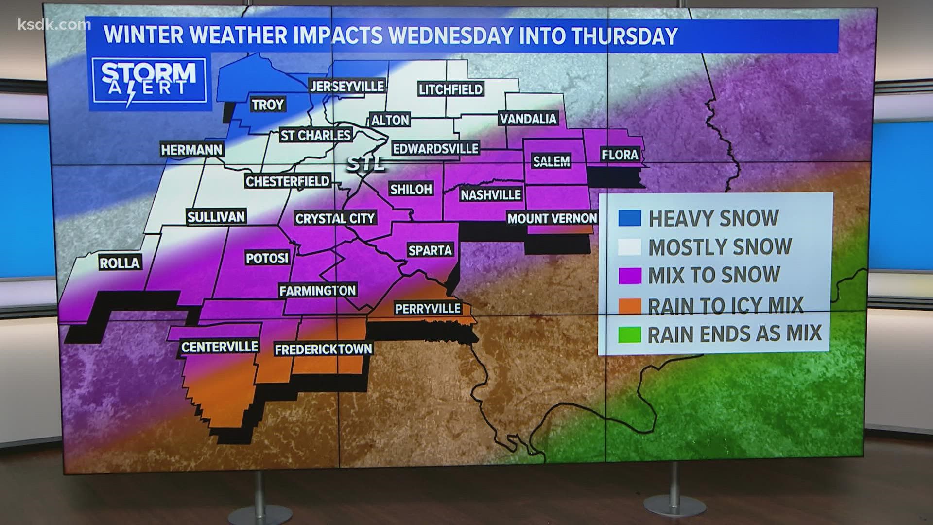 Scott Connell breaks down the timing and expected snow amounts as a winter storm is expected to impact the St. Louis area. Forecast as of 2 p.m. Tuesday.